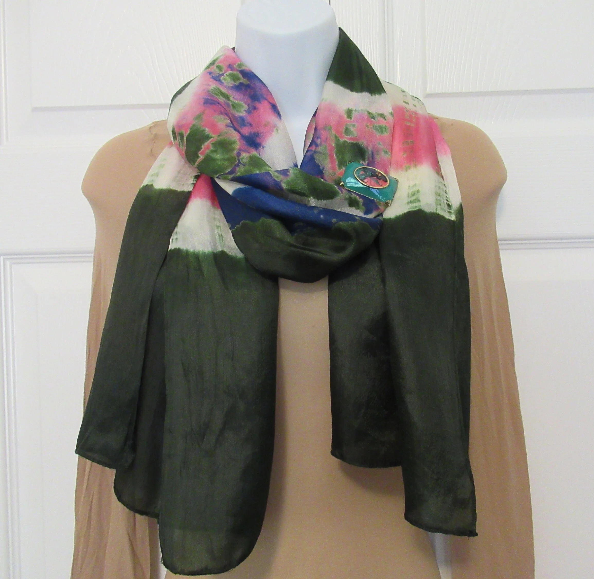 Tie Dye Oblong Sheer Scarf Dark Green, Pink, Purple and White, 62 by 16 Inch Versatile Unique Scarf, Bonus Magnetic Back Brooch, Vintage - Image 5