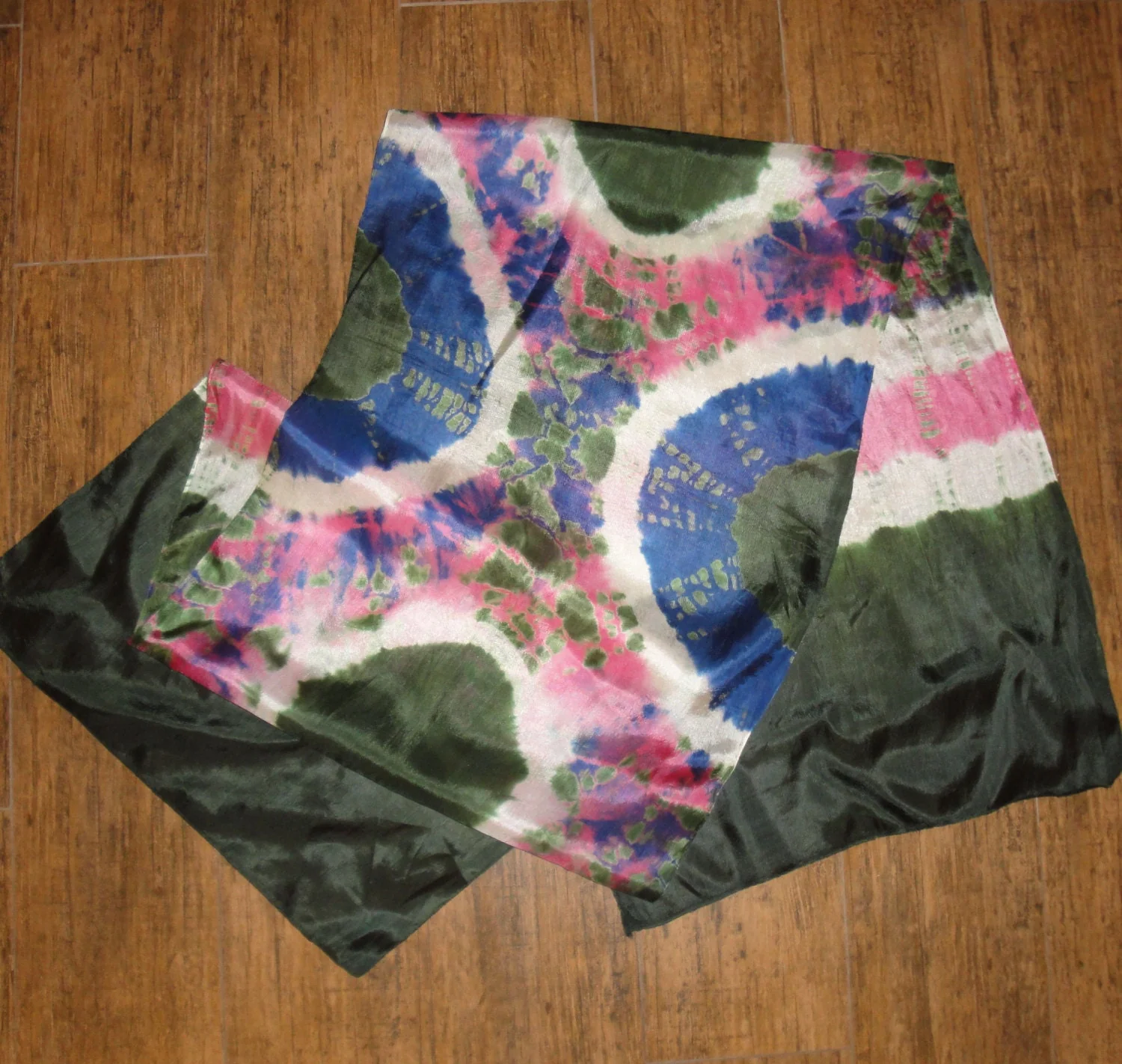 Tie Dye Oblong Sheer Scarf Dark Green, Pink, Purple and White, 62 by 16 Inch Versatile Unique Scarf, Bonus Magnetic Back Brooch, Vintage - Image 6