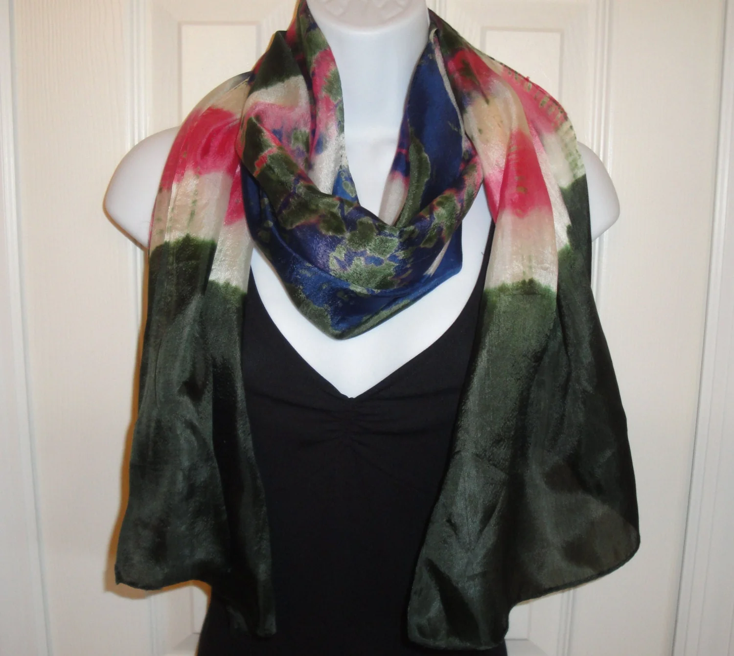 Tie Dye Oblong Sheer Scarf Dark Green, Pink, Purple and White, 62 by 16 Inch Versatile Unique Scarf, Bonus Magnetic Back Brooch, Vintage - Image 7