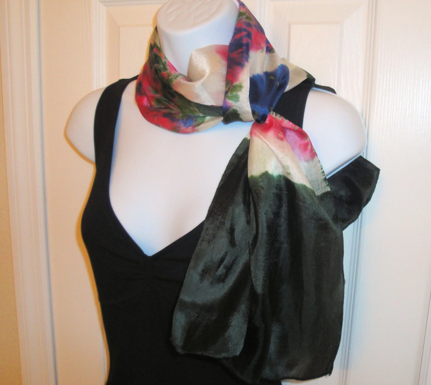 Tie Dye Oblong Sheer Scarf Dark Green, Pink, Purple and White, 62 by 16 Inch Versatile Unique Scarf, Bonus Magnetic Back Brooch, Vintage - Image 8