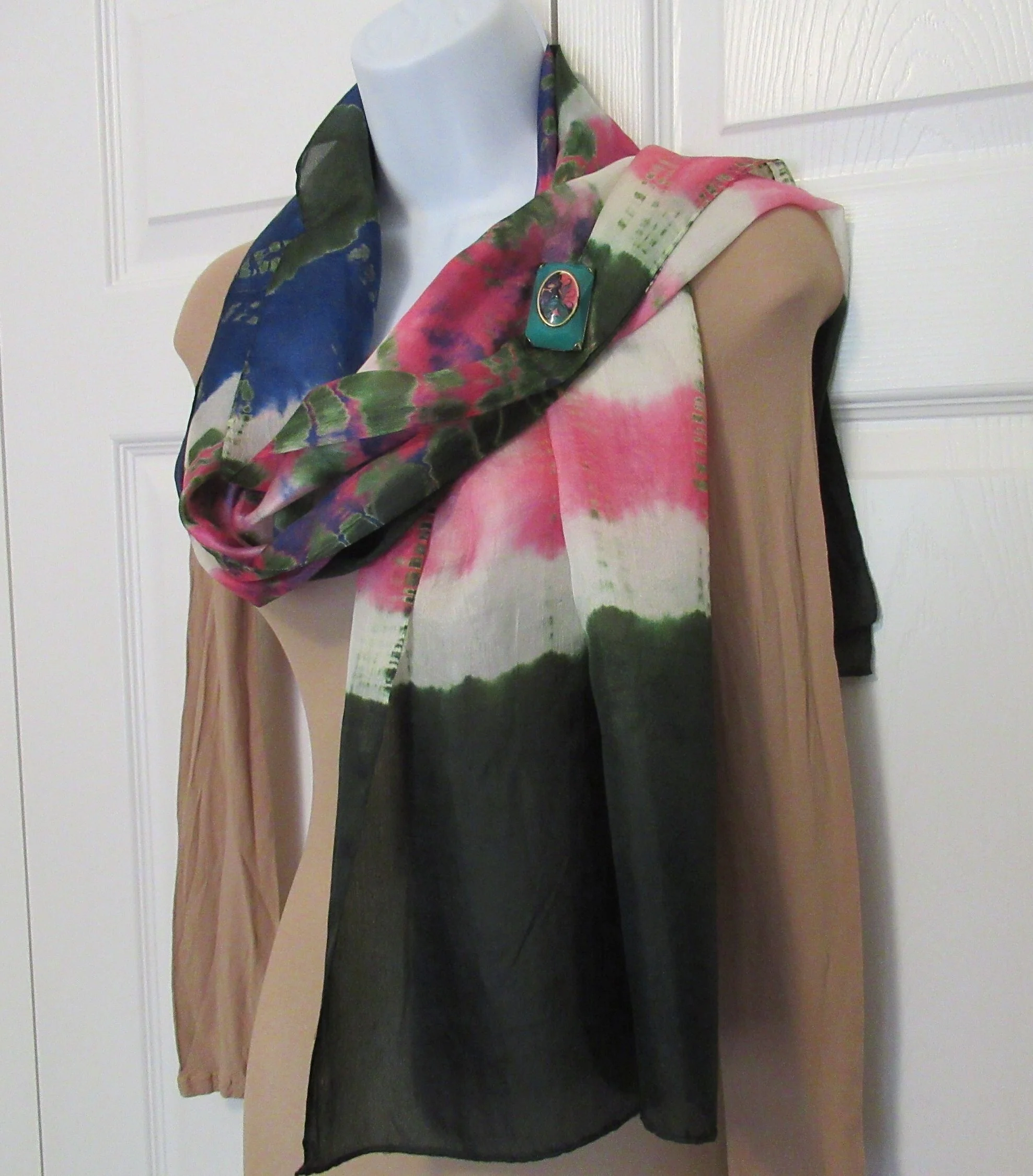 Tie Dye Oblong Sheer Scarf Dark Green, Pink, Purple and White, 62 by 16 Inch Versatile Unique Scarf, Bonus Magnetic Back Brooch, Vintage - Image 9