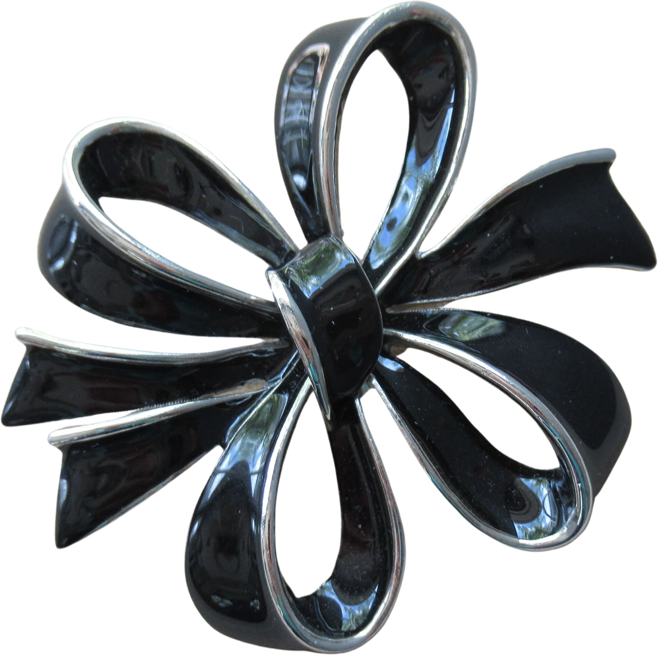 Tied Bow Style Brooch Black Enamel and Silver Tone Edge Unsigned 2 and 1/4 by 2 and 1/4 Inch Rolling C Back Clasp Classic Style / Color