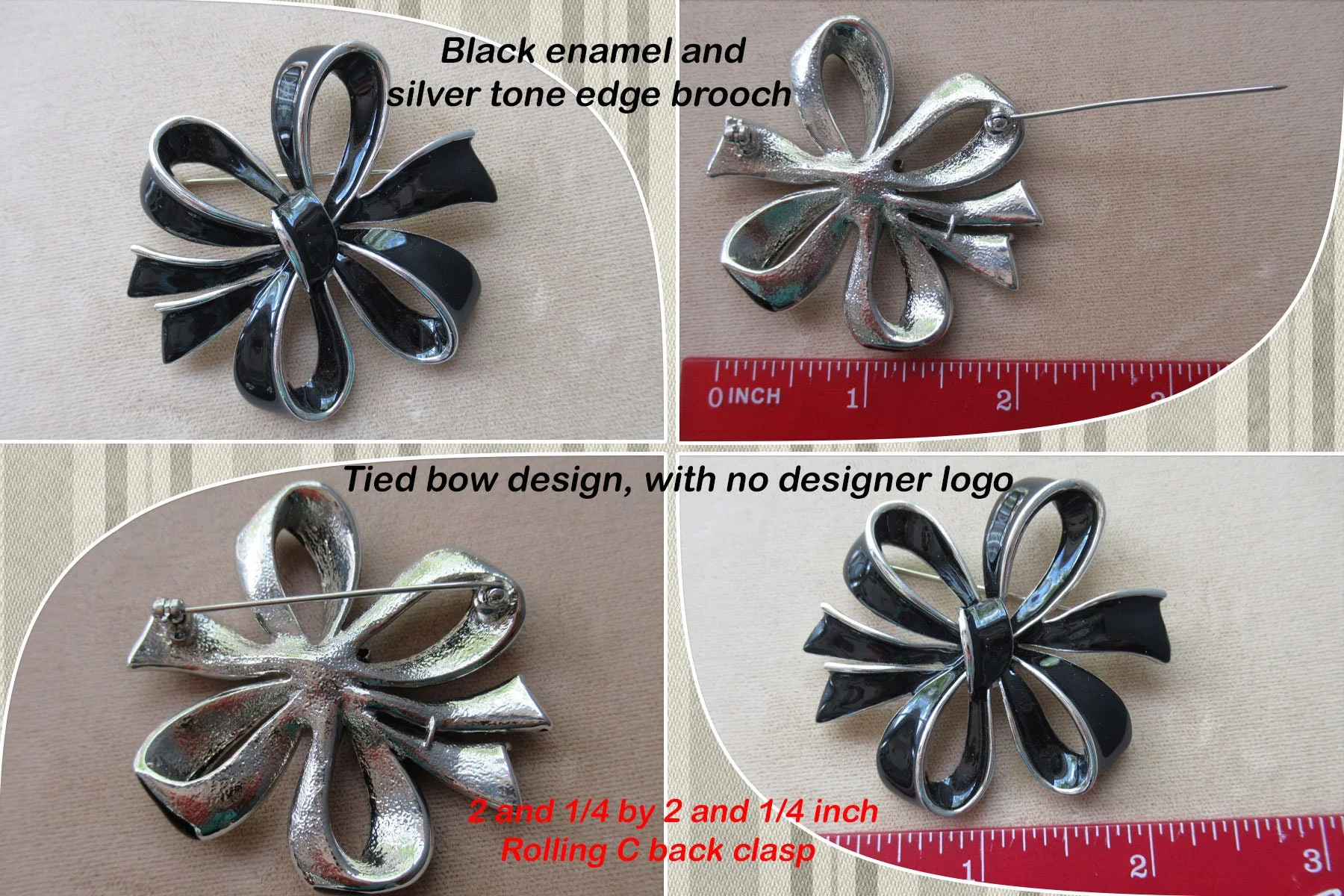 Tied Bow Style Brooch Black Enamel and Silver Tone Edge Unsigned 2 and 1/4 by 2 and 1/4 Inch Rolling C Back Clasp Classic Style / Color - Image 3