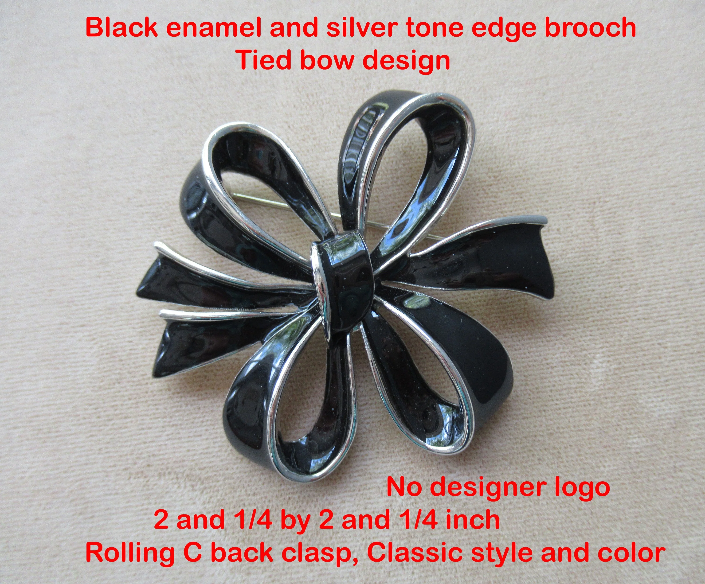 Tied Bow Style Brooch Black Enamel and Silver Tone Edge Unsigned 2 and 1/4 by 2 and 1/4 Inch Rolling C Back Clasp Classic Style / Color - Image 5