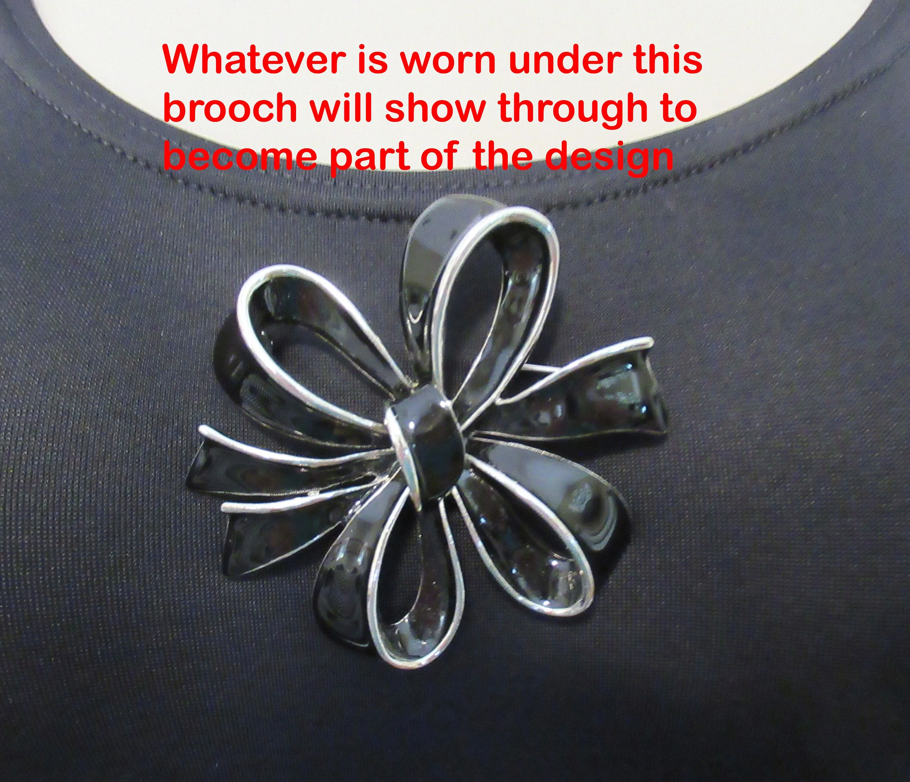 Tied Bow Style Brooch Black Enamel and Silver Tone Edge Unsigned 2 and 1/4 by 2 and 1/4 Inch Rolling C Back Clasp Classic Style / Color - Image 6