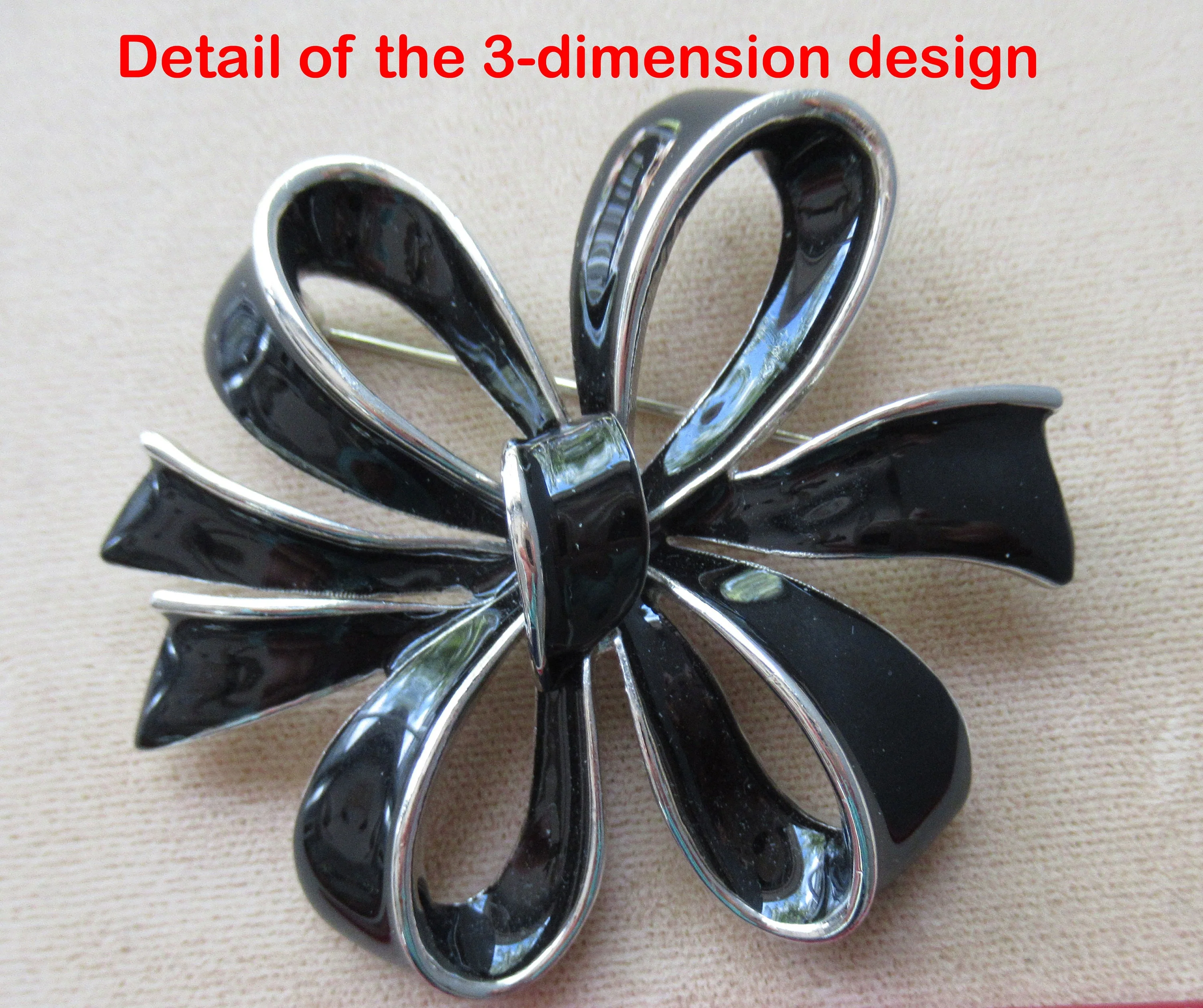 Tied Bow Style Brooch Black Enamel and Silver Tone Edge Unsigned 2 and 1/4 by 2 and 1/4 Inch Rolling C Back Clasp Classic Style / Color - Image 8