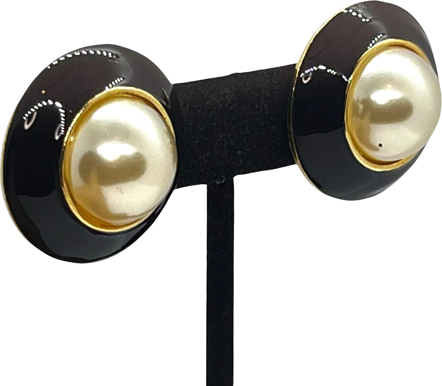 Timeless Vintage Black and White Pearl Dome Earrings 80s 90s Runway Couture Gold Tone Enamel Quality