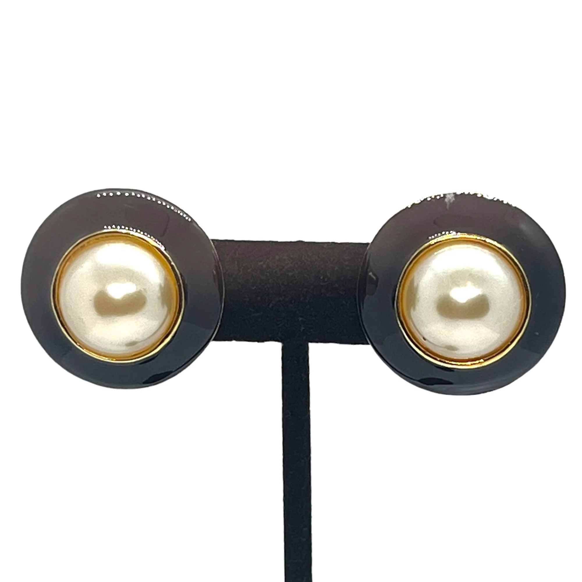 Timeless Vintage Black and White Pearl Dome Earrings 80s 90s Runway Couture Gold Tone Enamel Quality - Image 2
