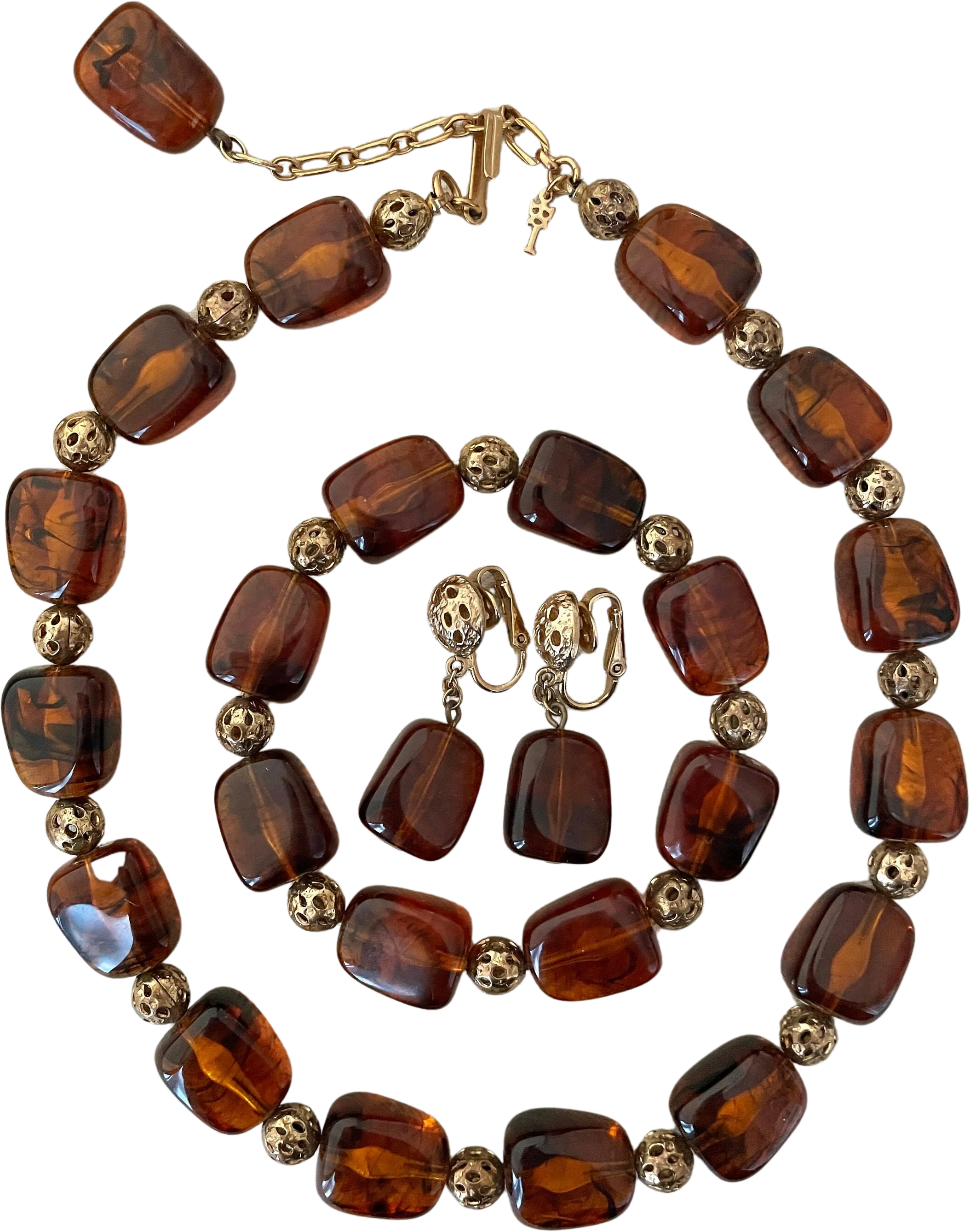 Tortoiseshell Lucite Parure Jewelry Set Signed Vintage Designer Statement Necklace Earrings Bracelet by Trifari
