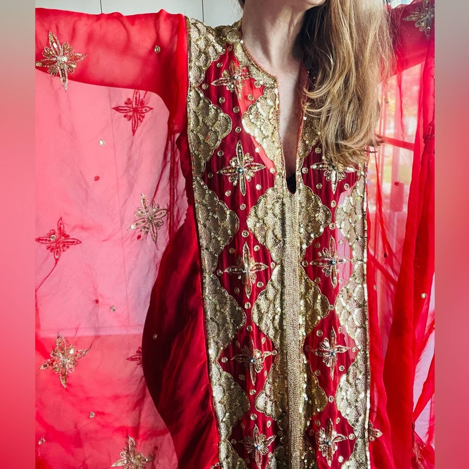 Traditional Khaleeji Thobe Dress Red Gold Sequin - Image 14