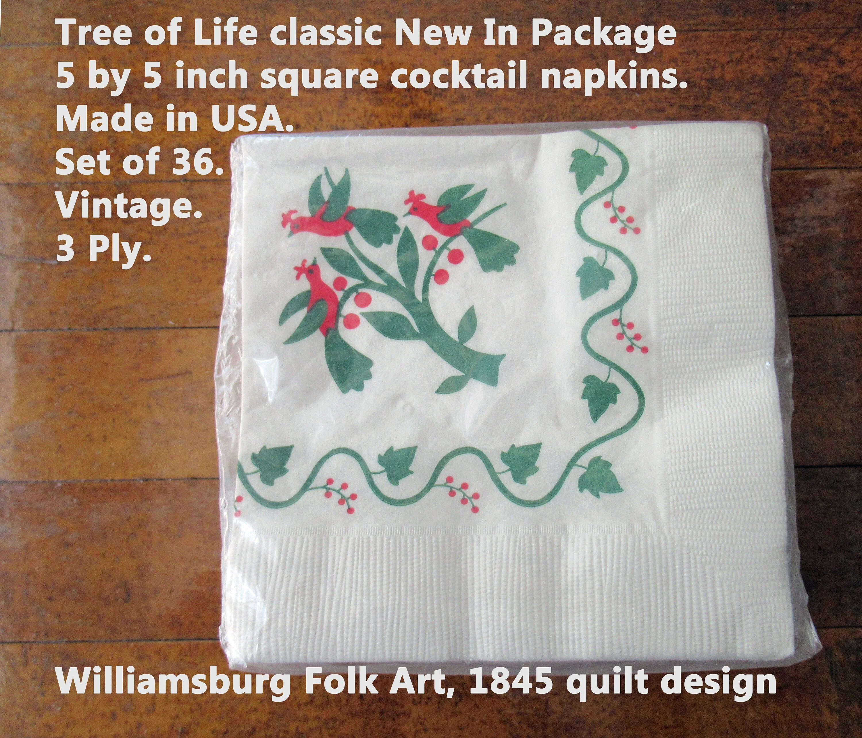 Tree of Life 5x5 Inch Square Cocktail Napkins Made In Usa Classic New In Package Set of 36 Vintage 3 Ply Williamsburg Folk Art - Image 2
