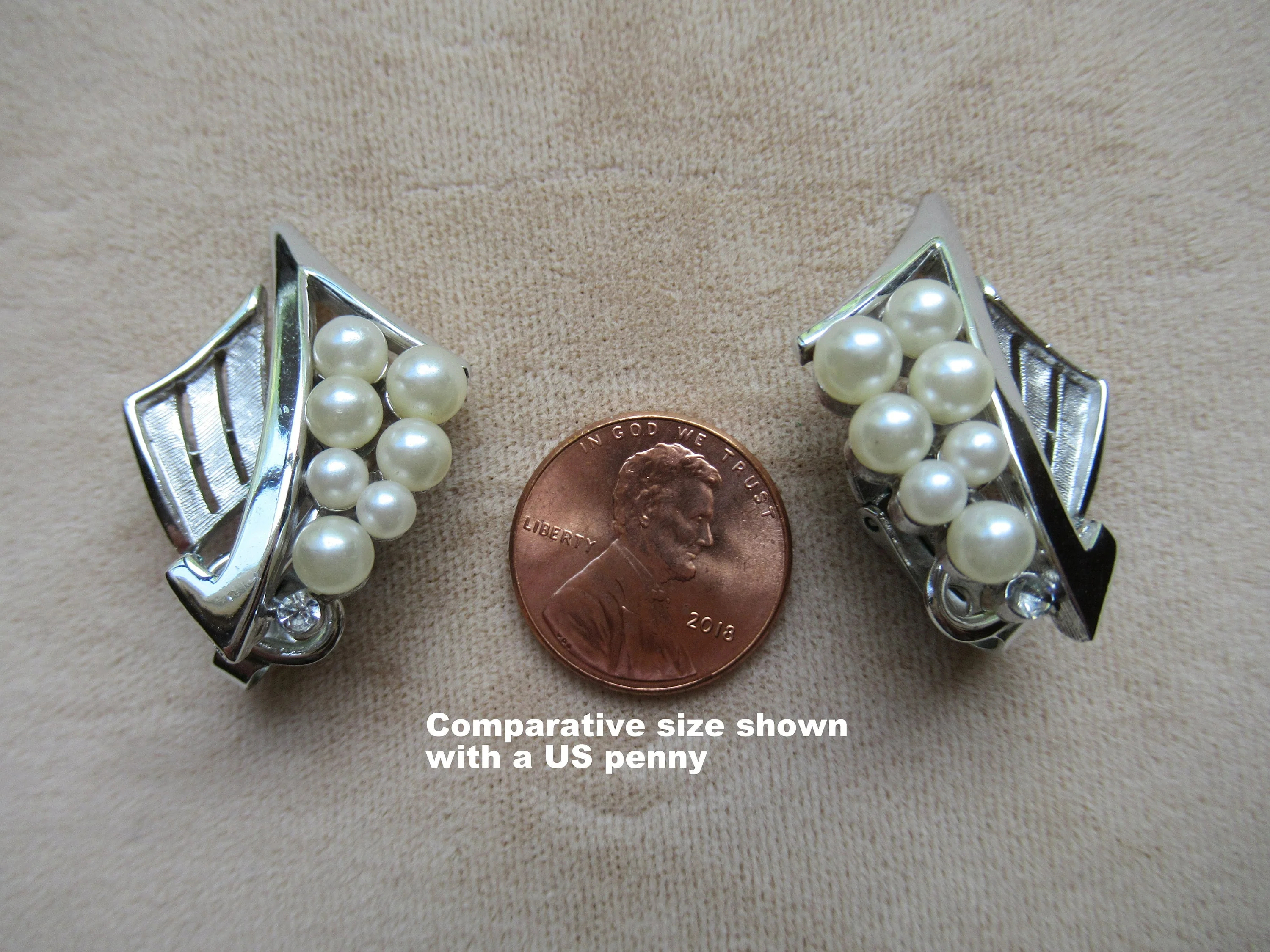 Trifari Crown Logo Earrings Clip Style, Silver Tone Metal, Swoop Shape, Faux White Pearls, 3 Dimensional Design, 1 and 1/4 Inches Long, Vtg - Image 2
