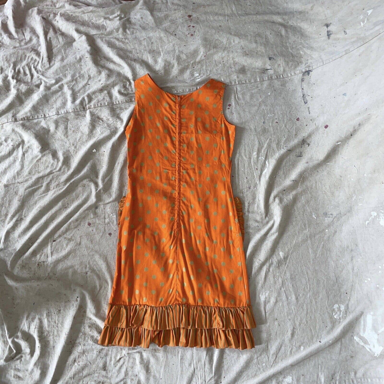 True Vintage 60s Rare Cotton Orange/khaki Polka Dot Ruffle Shift Dress - Image 12