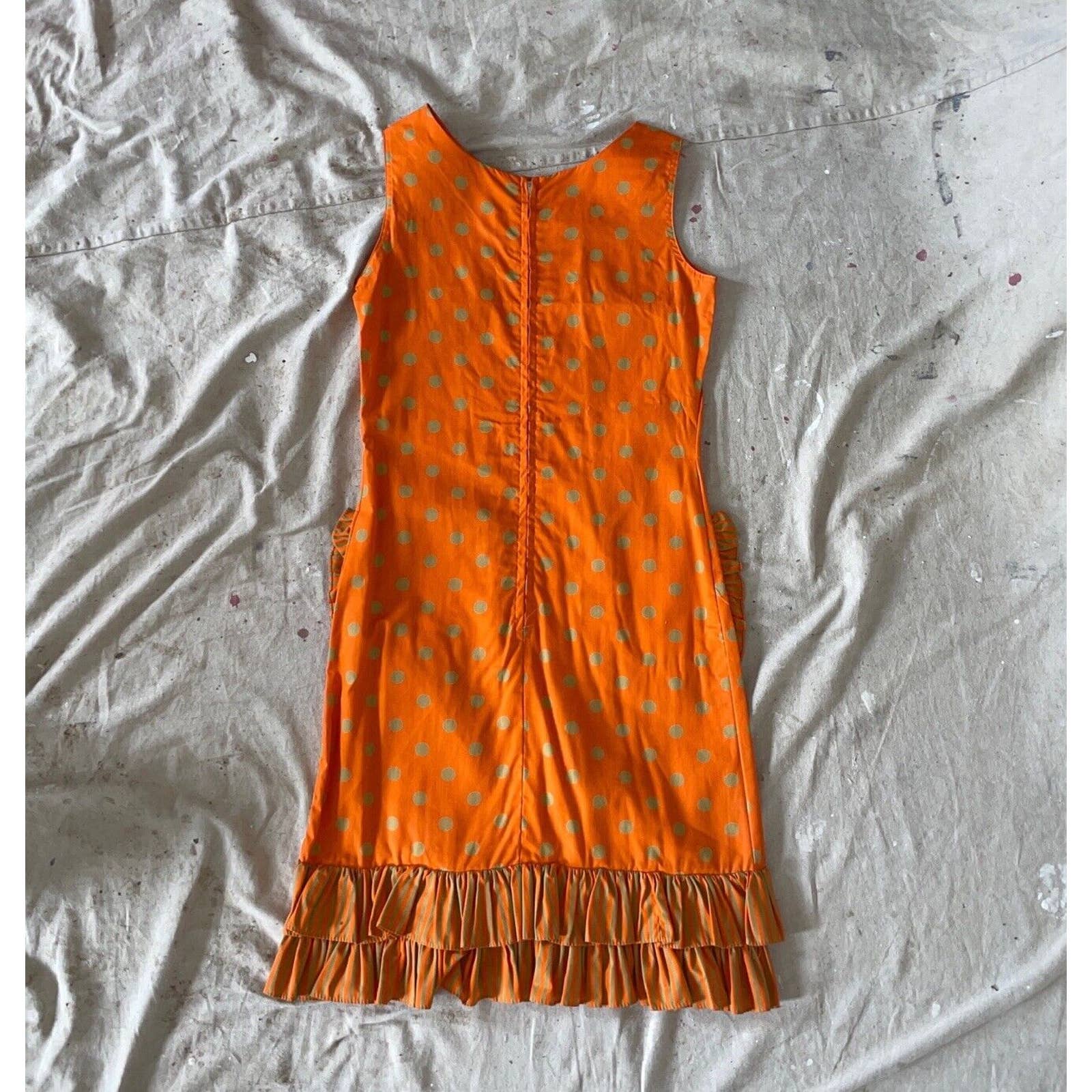 True Vintage 60s Rare Cotton Orange Khaki Polka Dot Shift Dress - Image 2