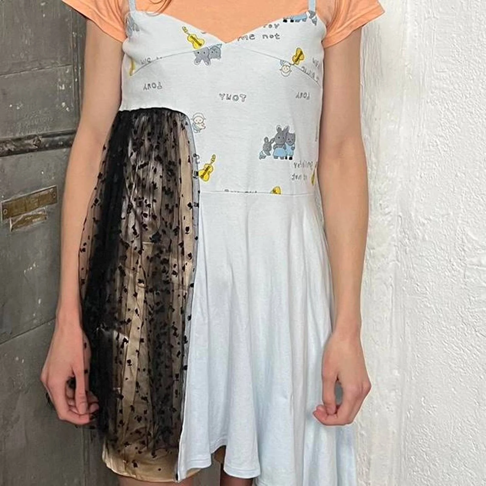 Tulle Attachment Cute Print T-Shirt Strap Short Dress - Orange and Sky Blue by Jennny Fax - Image 4