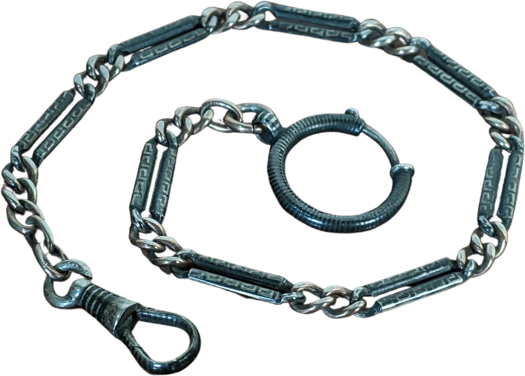 Turn of The Century 800 Silver Rose Gold Niello Watch Chain 10. 75" Antique Victorian Edwardian Jewelry