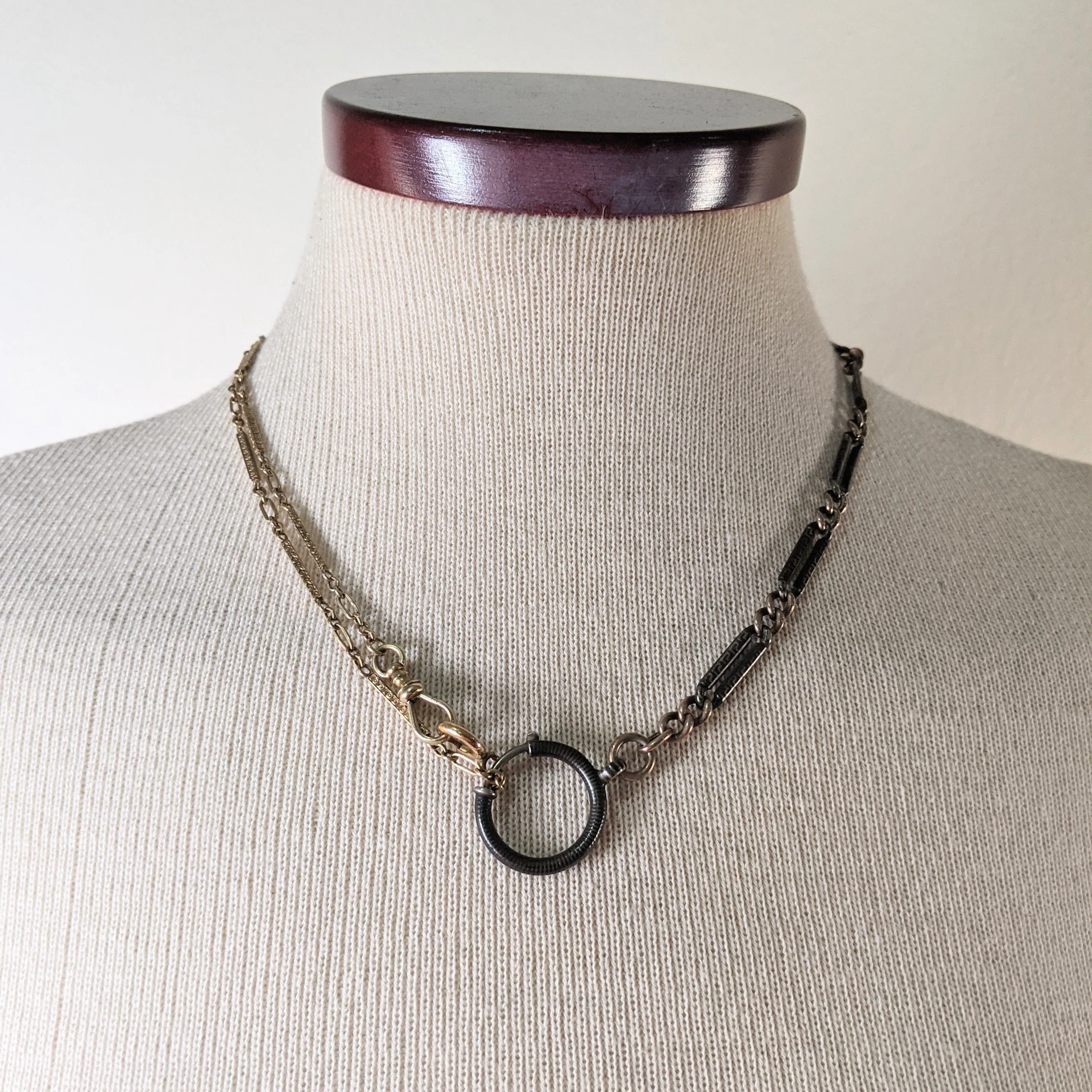 Turn of The Century 800 Silver Rose Gold Niello Watch Chain 10. 75" Antique Victorian Edwardian Jewelry - Image 5