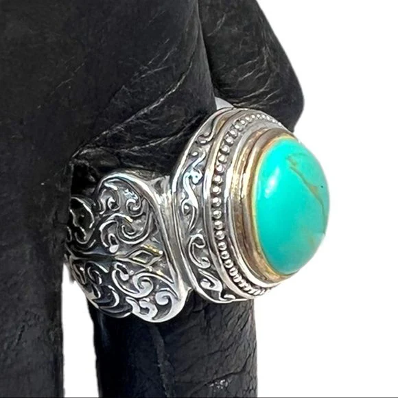 Turquoise Silver Plated Floral Cocktail Ring Size 9 - Image 4