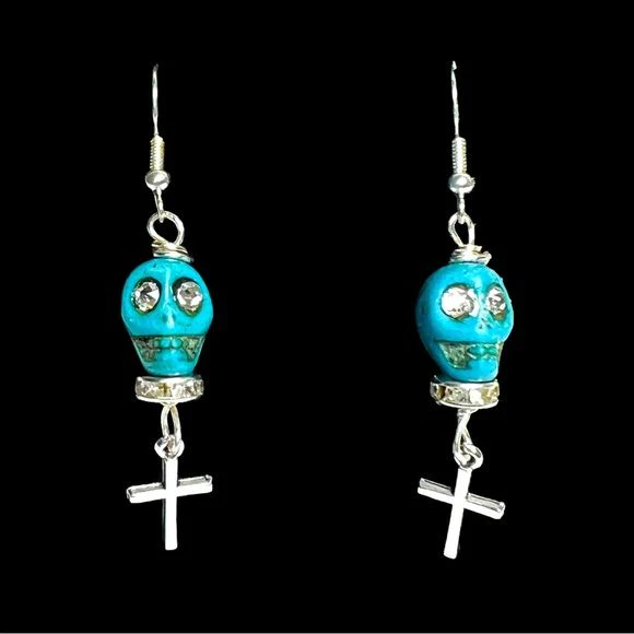 Turquoise Sugar Skulls Earrings Handmade with Swarovski Eyes Día De Los Muertos - Image 5
