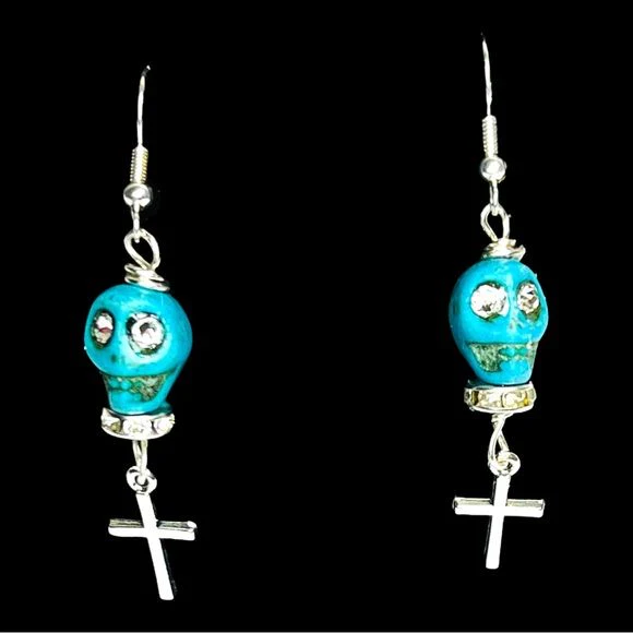 Turquoise Sugar Skulls Earrings Handmade with Swarovski Eyes Día De Los Muertos - Image 6