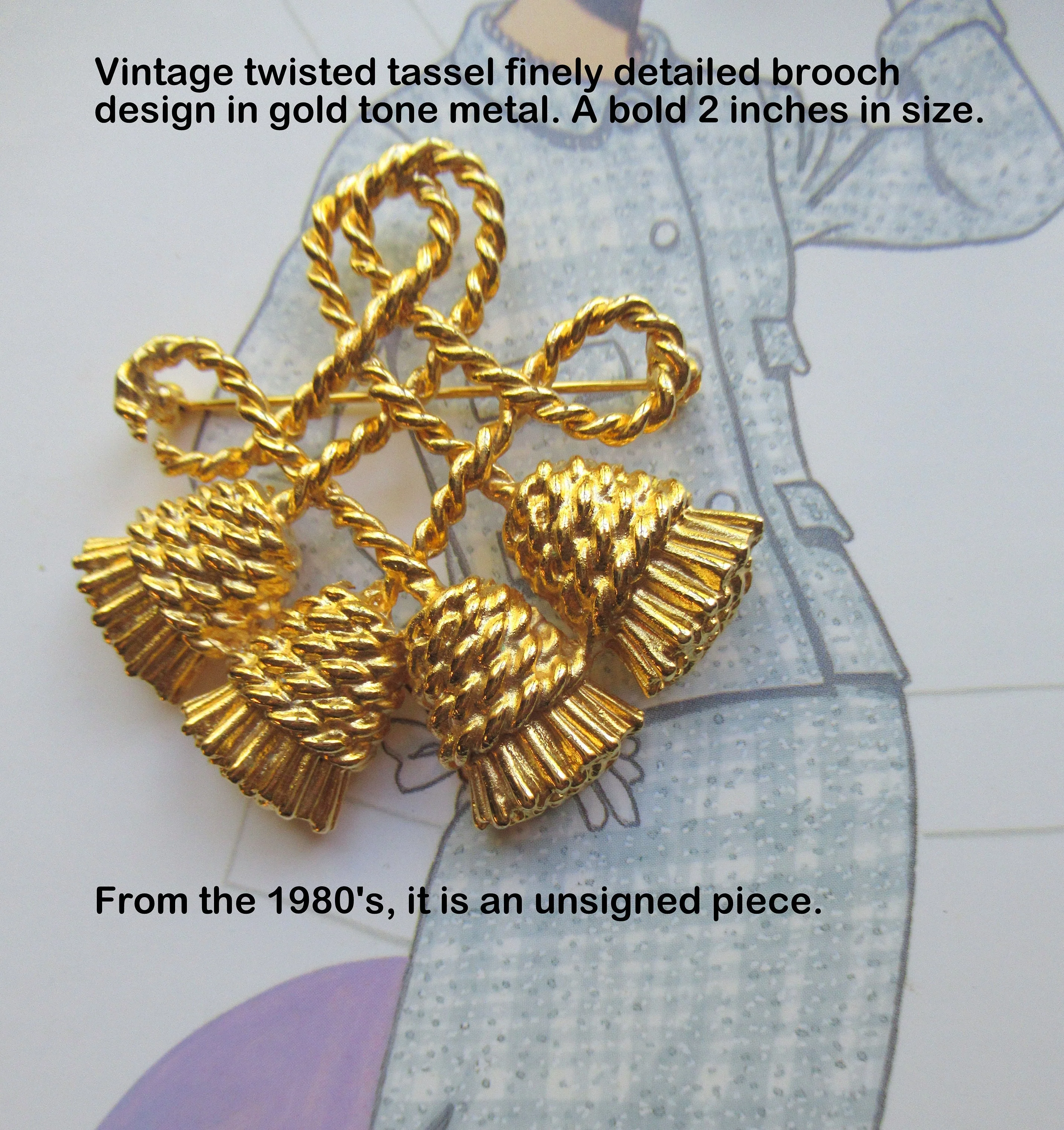 Twisted Tassel Brooch with Finely Detailed Design In Gold Tone Metal Bold 2 Inches In Size, Lovely 80s Unsigned Piece, Classic Style - Image 2