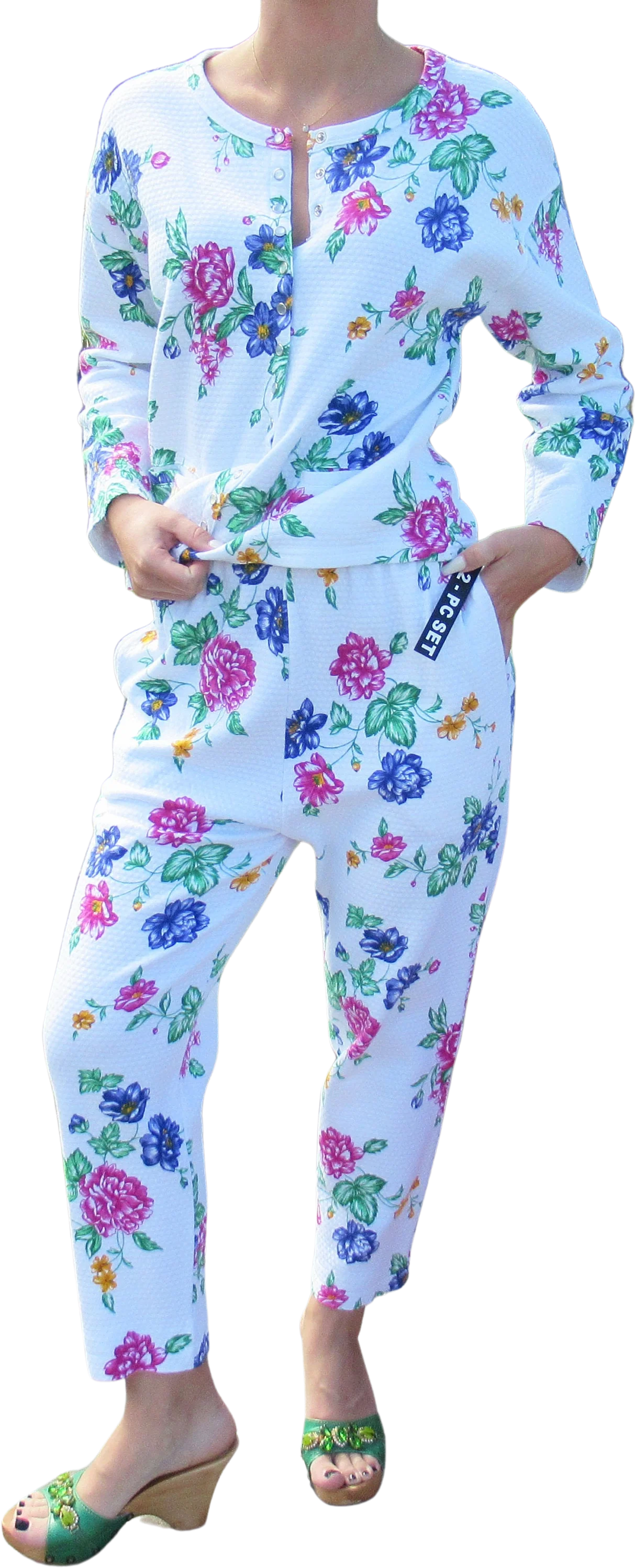 Two Piece Casualwear Loungewear Cotton Floral Set Jones New York Sport Made Hong Kong Snap Front Top Elastic Pants by Jones New York