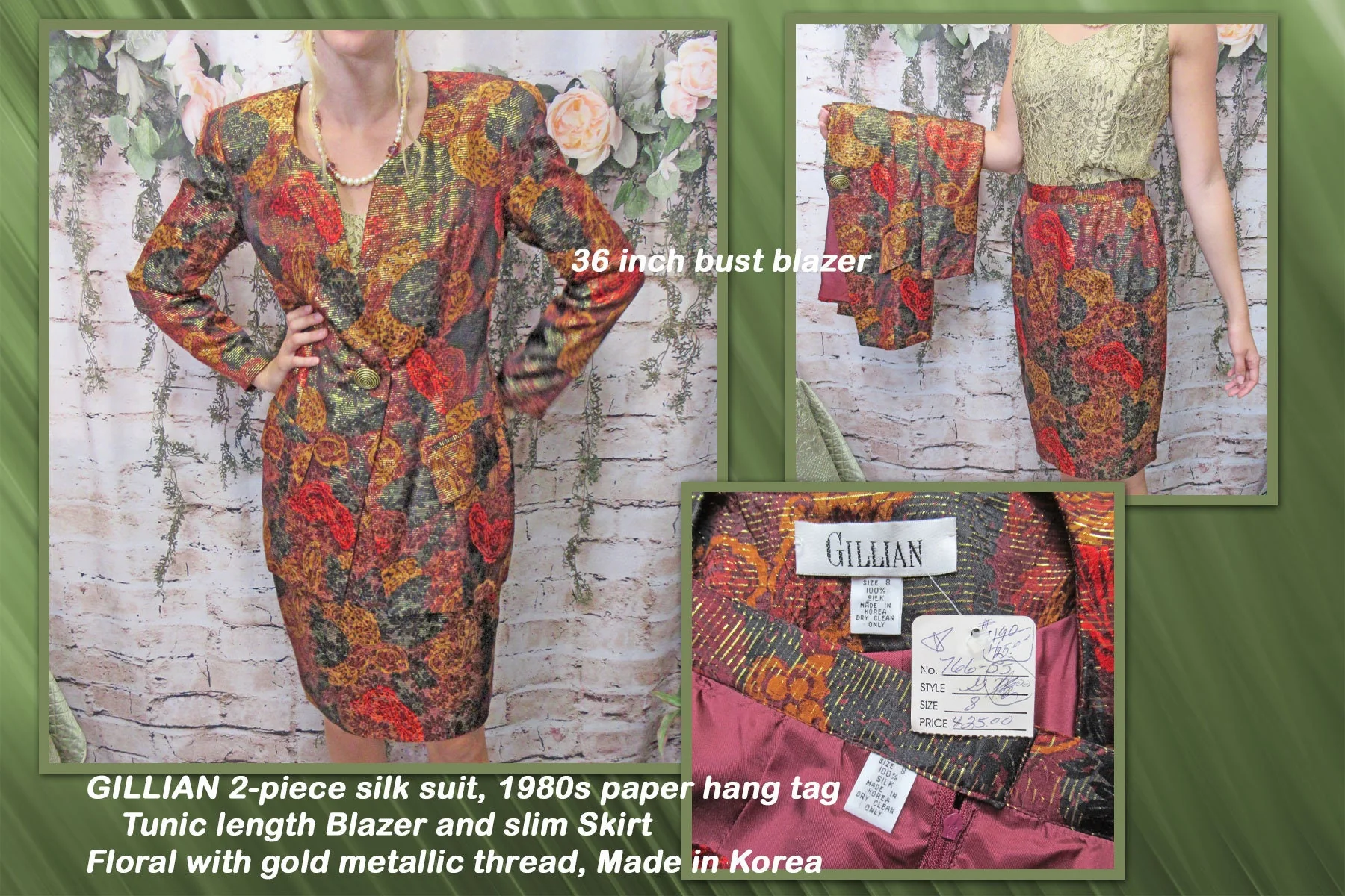 Two Piece Silk Suit Gillian Logo 80s Paper Hang Tag Tunic Length Blazer and Slim Skirt Floral with Gold Metallic Thread Made Korea by Gillian - Image 2