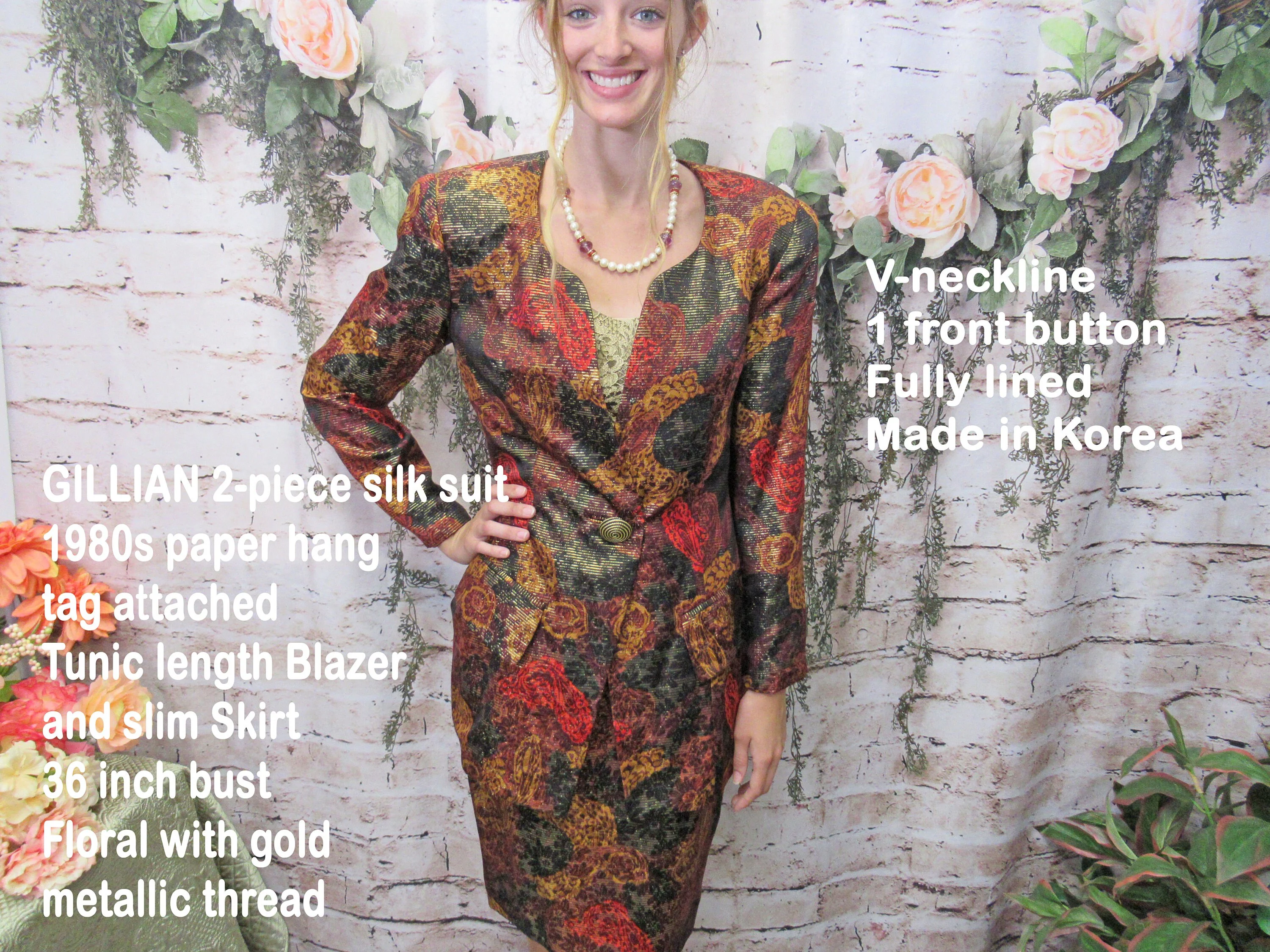 Two Piece Silk Suit Gillian Logo 80s Paper Hang Tag Tunic Length Blazer and Slim Skirt Floral with Gold Metallic Thread Made Korea by Gillian - Image 3