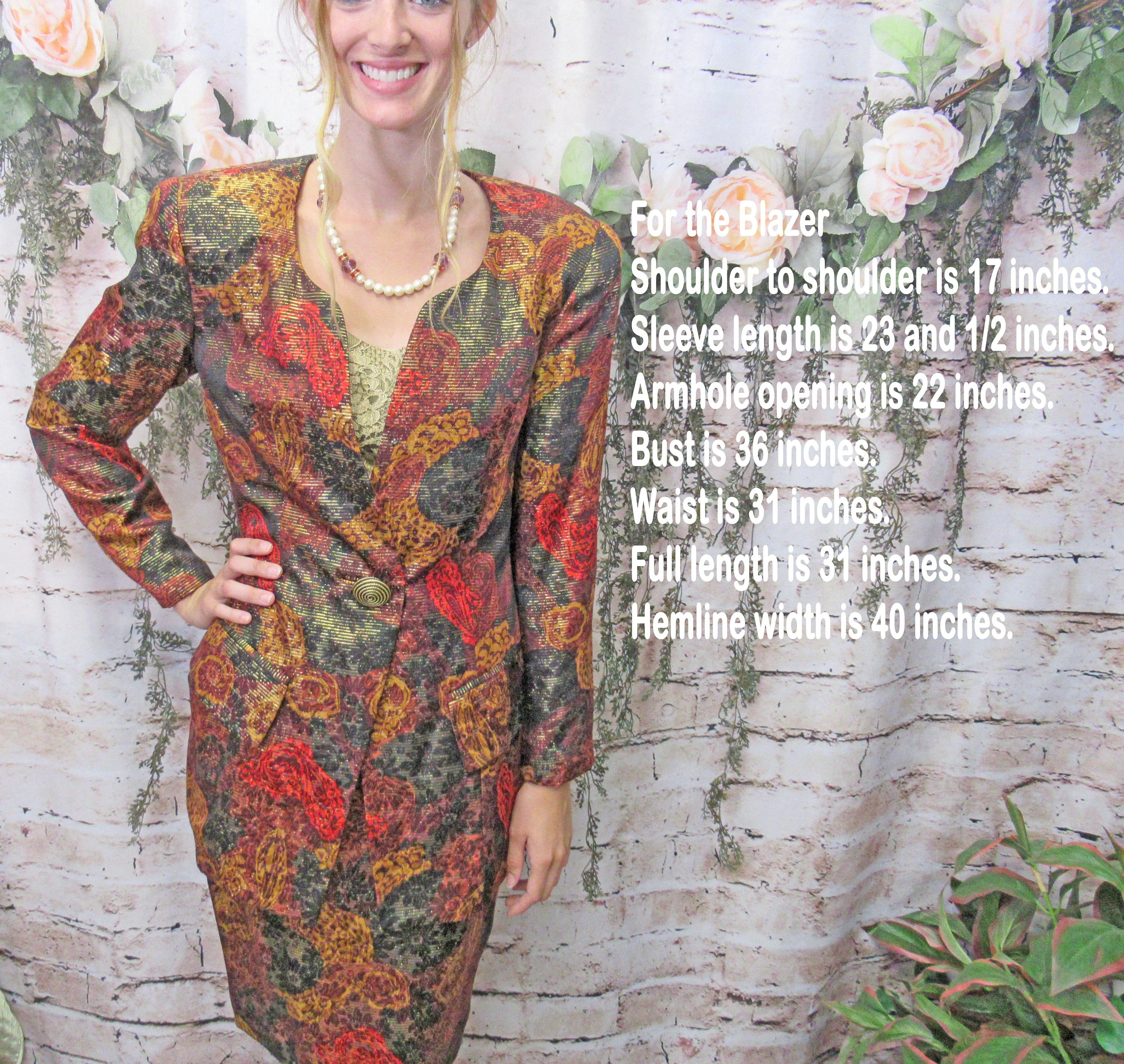 Two Piece Silk Suit Gillian Logo 80s Paper Hang Tag Tunic Length Blazer and Slim Skirt Floral with Gold Metallic Thread Made Korea by Gillian - Image 6