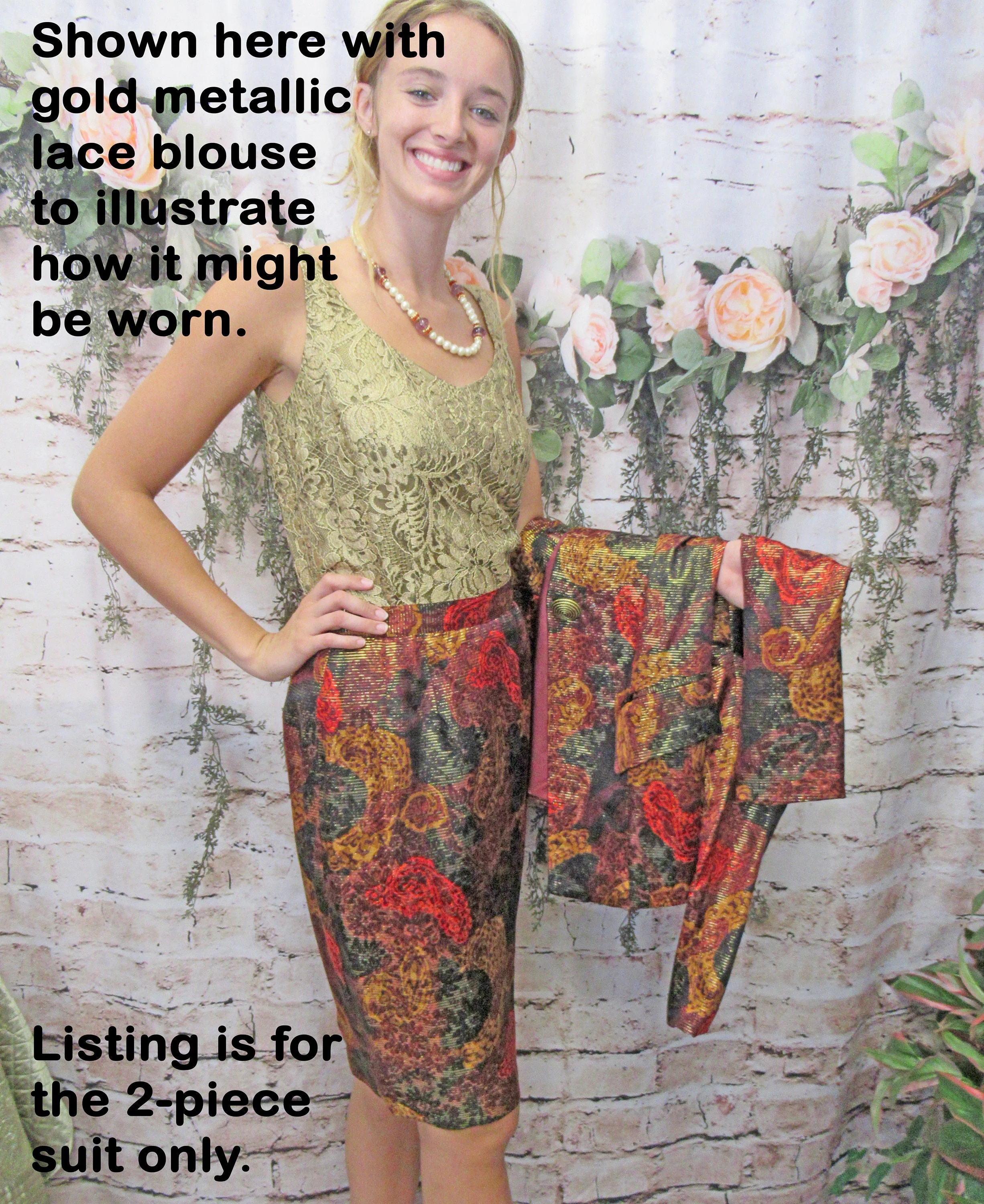 Two Piece Silk Suit Gillian Logo 80s Paper Hang Tag Tunic Length Blazer and Slim Skirt Floral with Gold Metallic Thread Made Korea by Gillian - Image 7