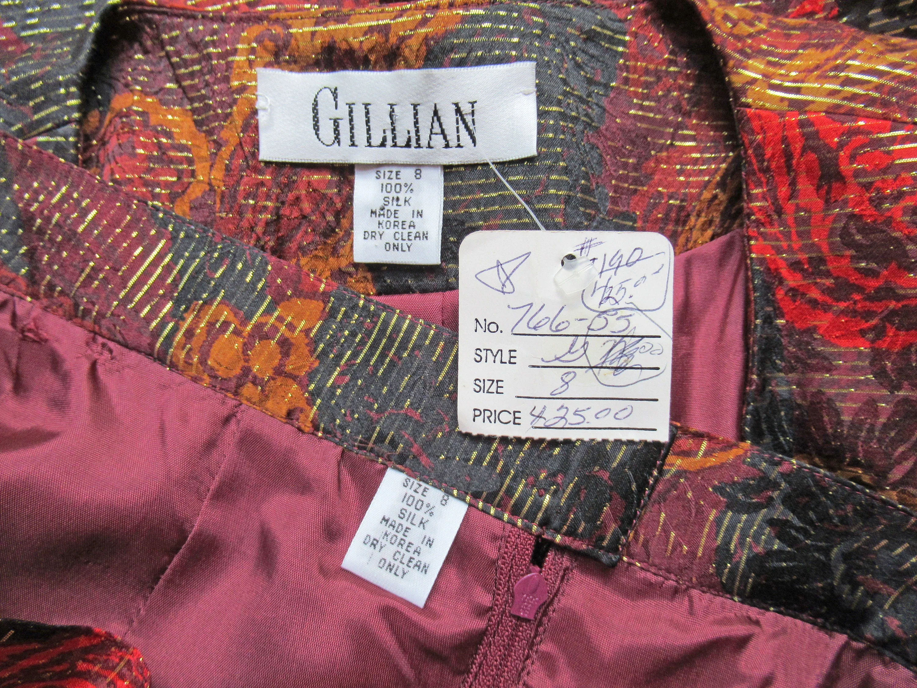 Two Piece Silk Suit Gillian Logo 80s Paper Hang Tag Tunic Length Blazer and Slim Skirt Floral with Gold Metallic Thread Made Korea by Gillian - Image 9