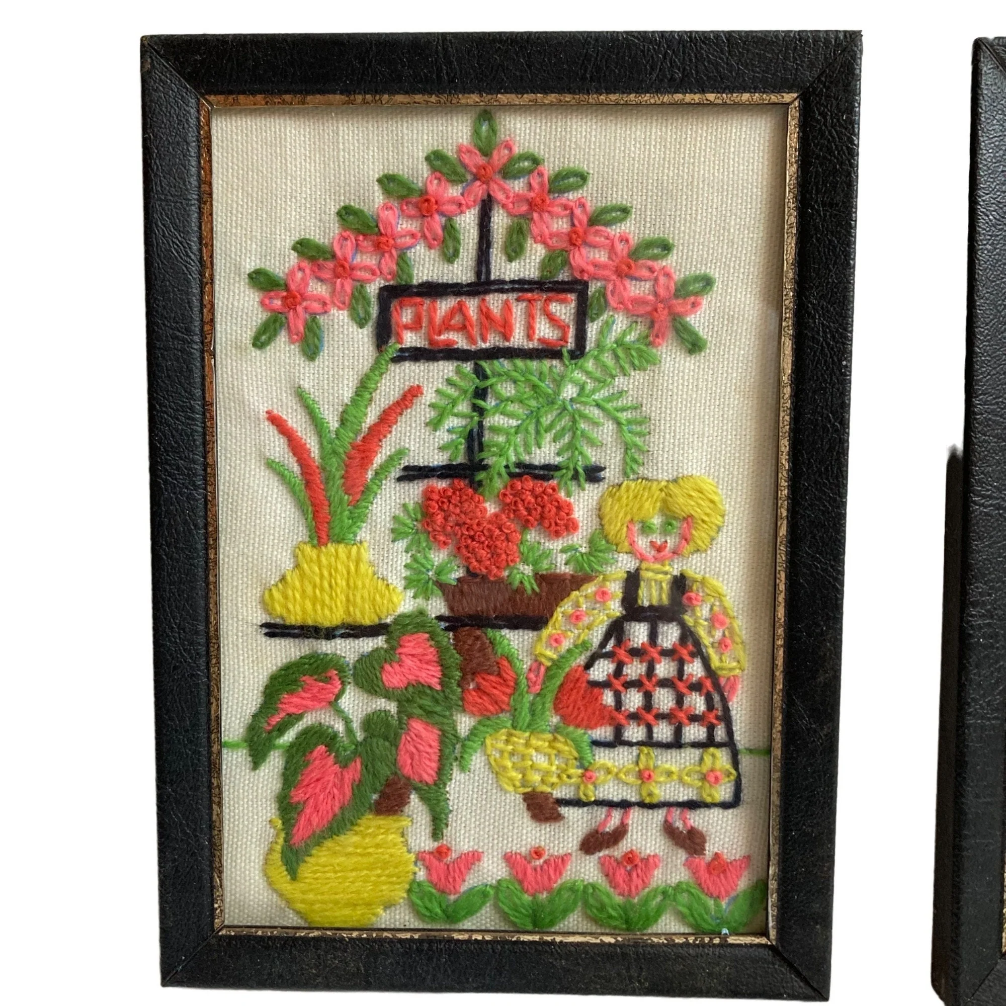 Two Vintage Embroidered Pictures Framed 5x7 Plants Vegetables Country - Image 2