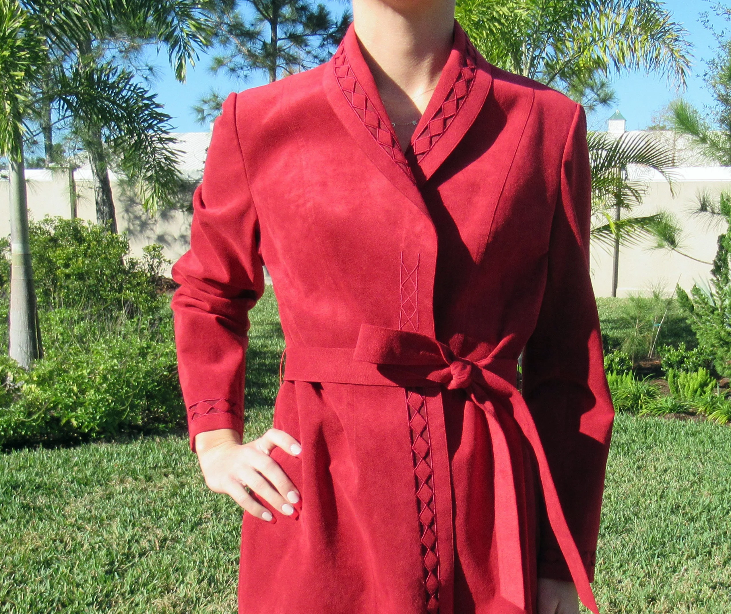Ultra Suede Coat Raymond Cheung Deep Burgundy Red Front Wrap Removable Belt by Raymond Cheung - Image 10