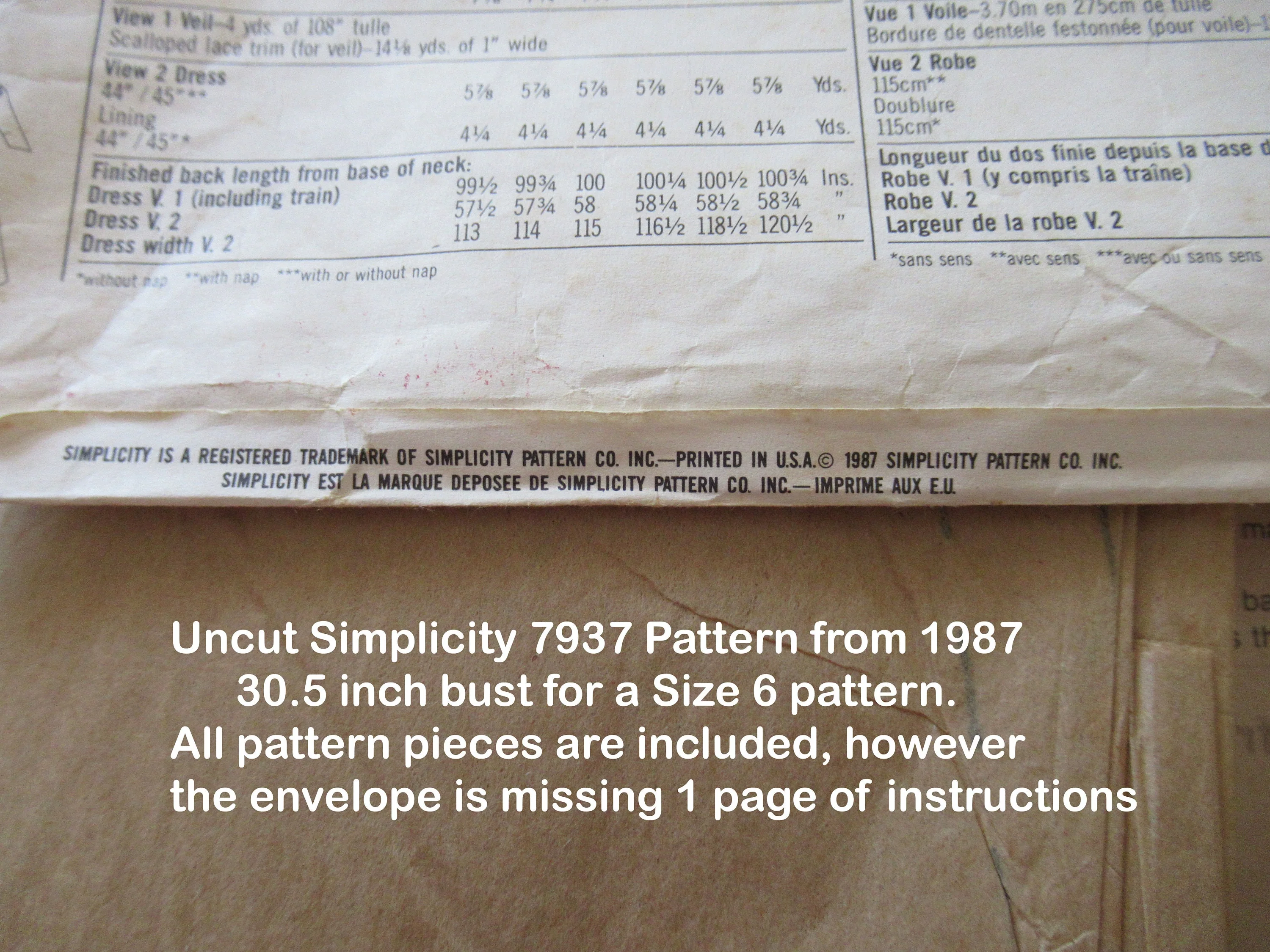 Uncut Simplicity 7937 Pattern 1987 305 6 Missing Page of Instruction Bridal Dress Veil Andor Bridesmaid Dress by Simplicity - Image 6