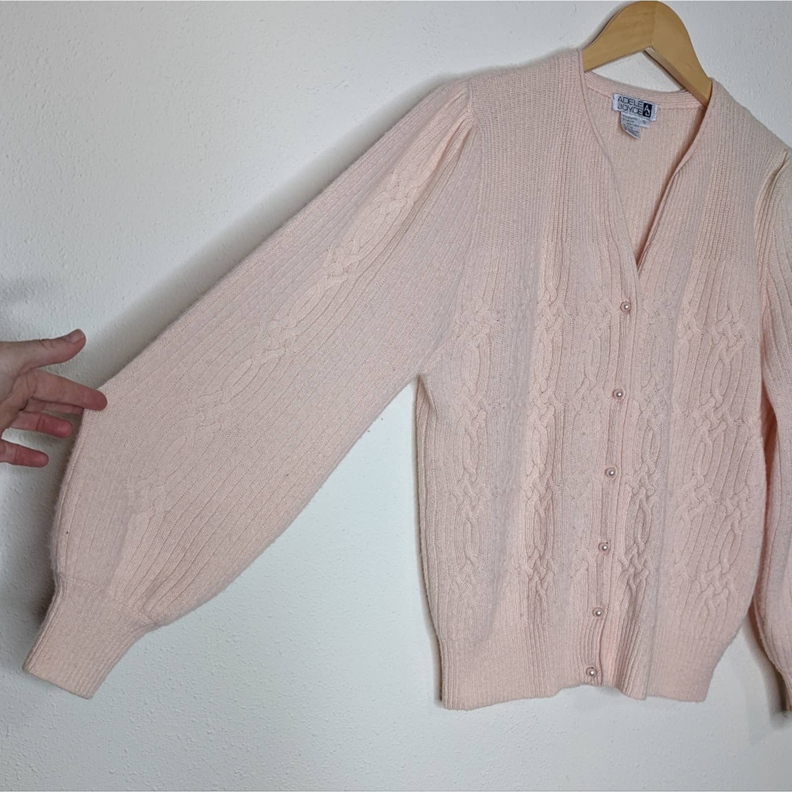 80s Vintage Pink Wool Cable Knit Balloon Sleeve Cardi By Adele Joyce - Image 6