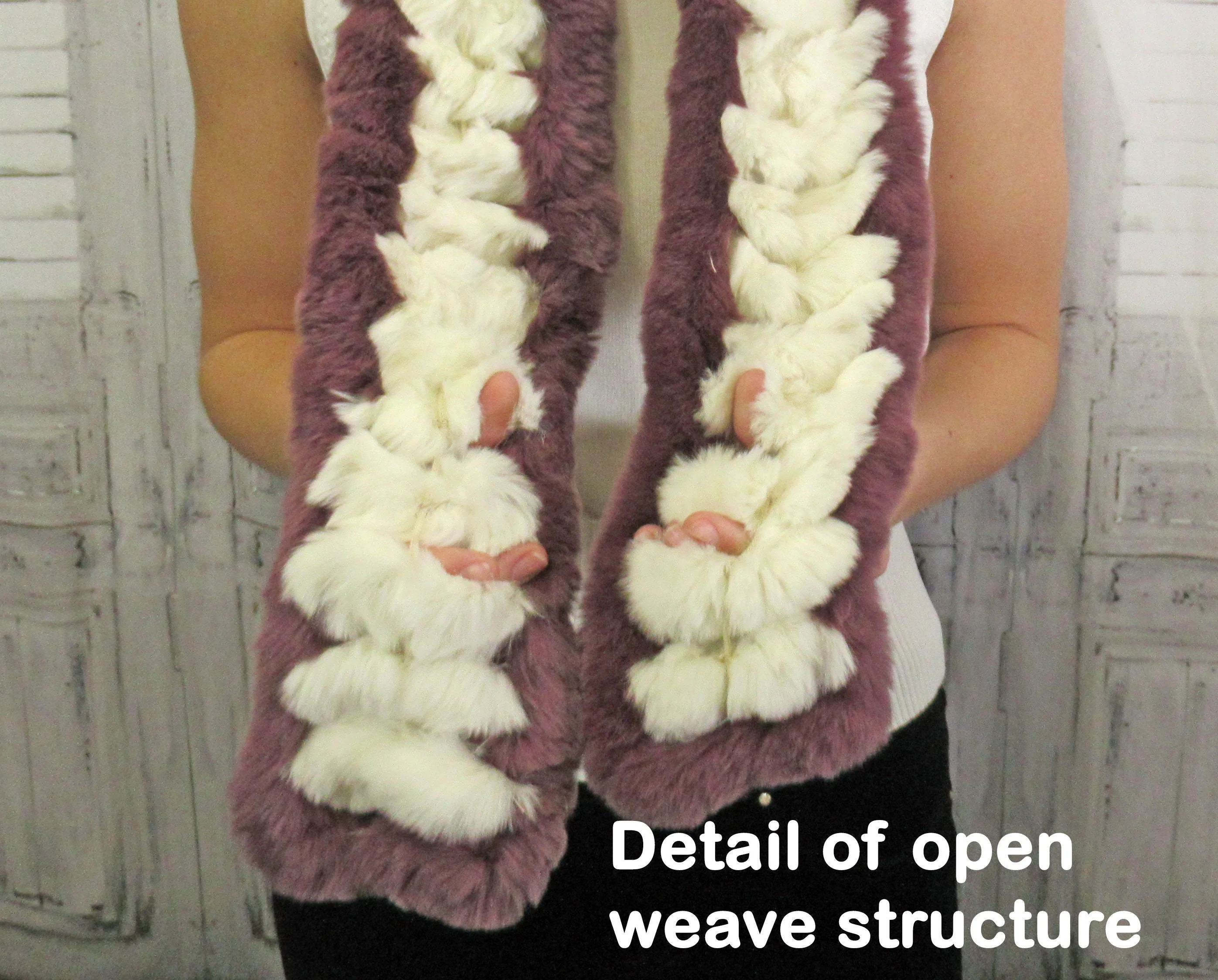 Unique Oblong Knit Scarf Made with 2 Shades of Rabbit Fur In Dark Purple and Cream Versatile So Soft and Warm Too - Image 10
