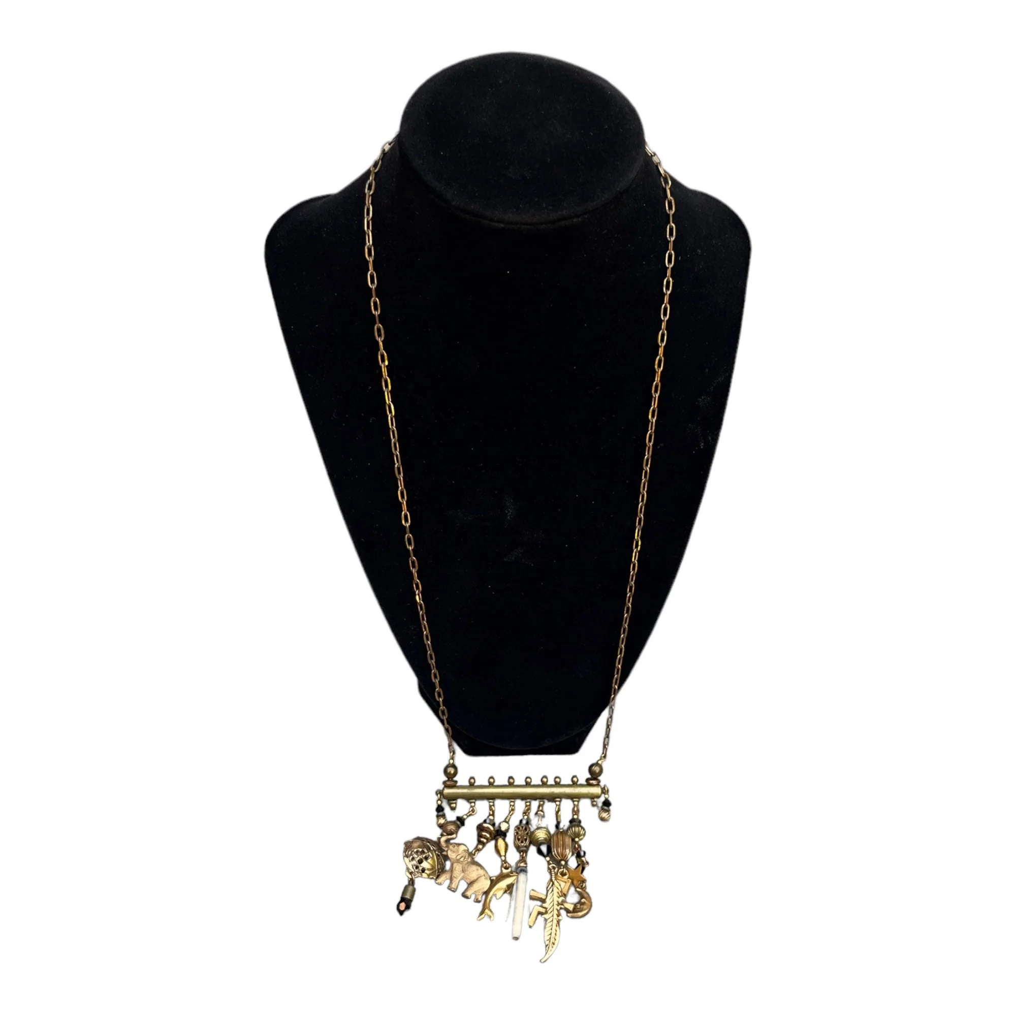 Unique Vintage Antiqued Brass Charm Necklace 80s 90s Gold Black Beaded Pendant Mixed Theme Celestial Animal Steampunk - Image 2
