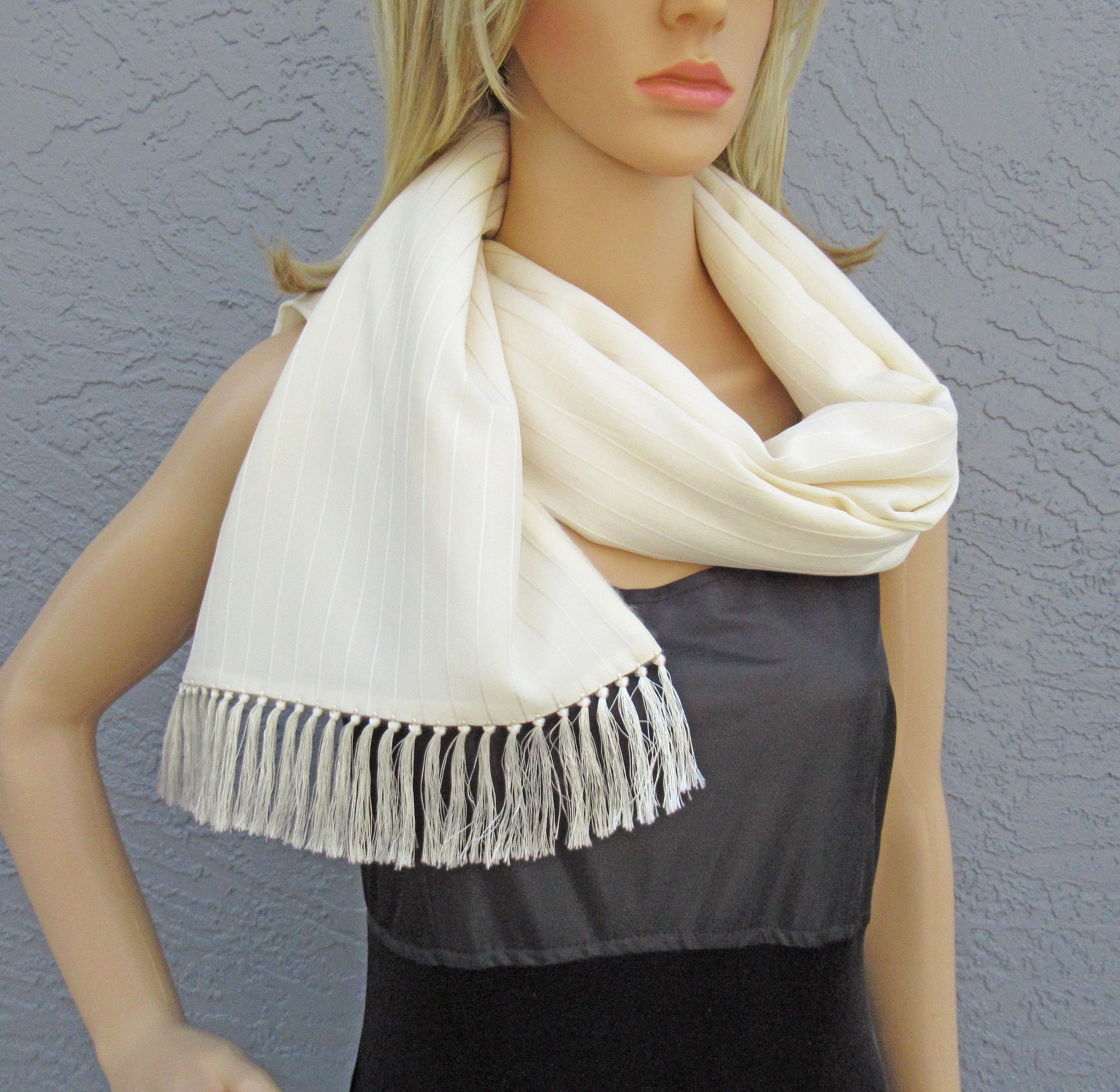 Unisex Tuxedo Scarf Creation Cream Silk 1 Side Cashmere Wool Reverse Side Made In England Vintage by Paul Salgo - Image 11