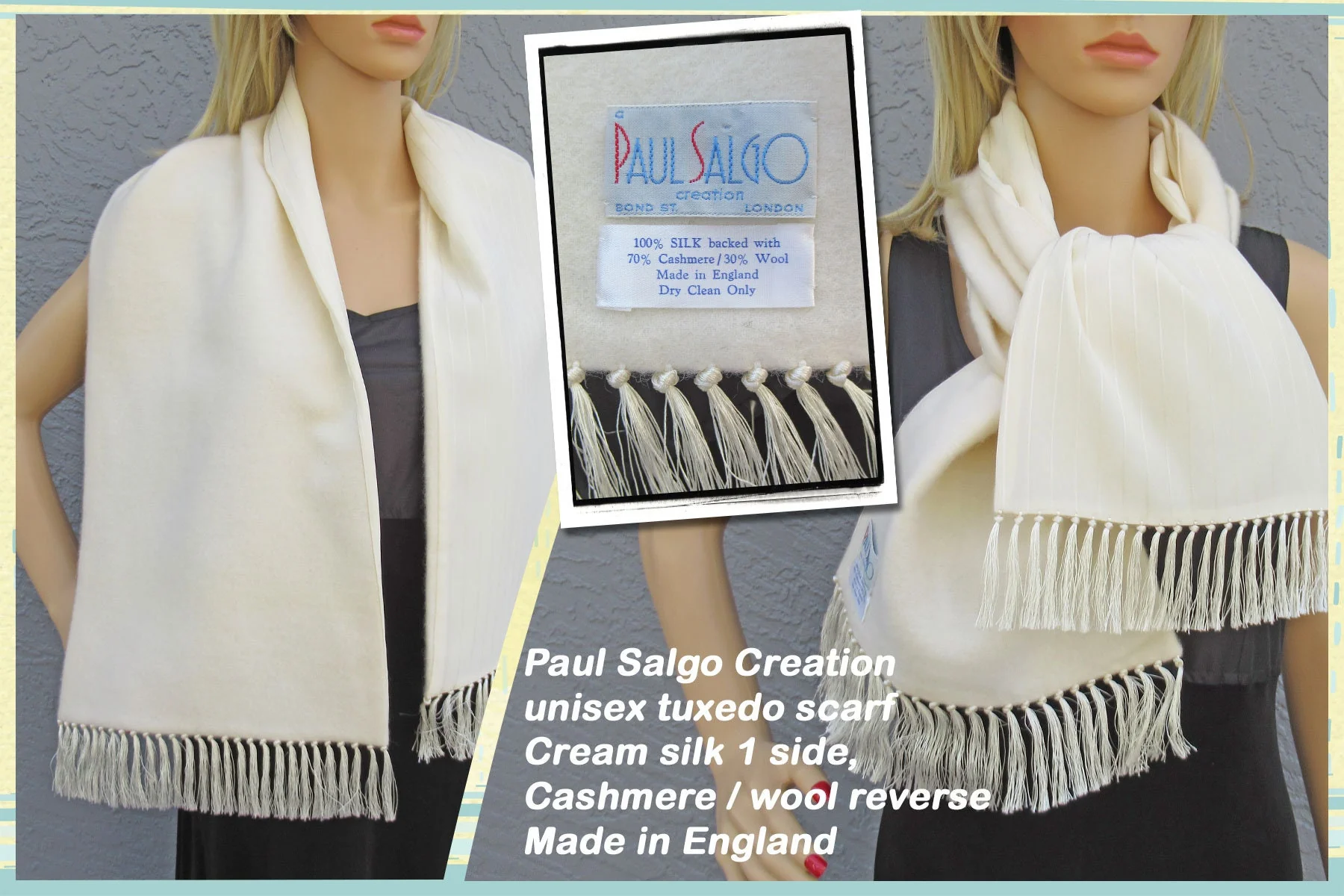 Unisex Tuxedo Scarf Creation Cream Silk 1 Side Cashmere Wool Reverse Side Made In England Vintage by Paul Salgo - Image 3