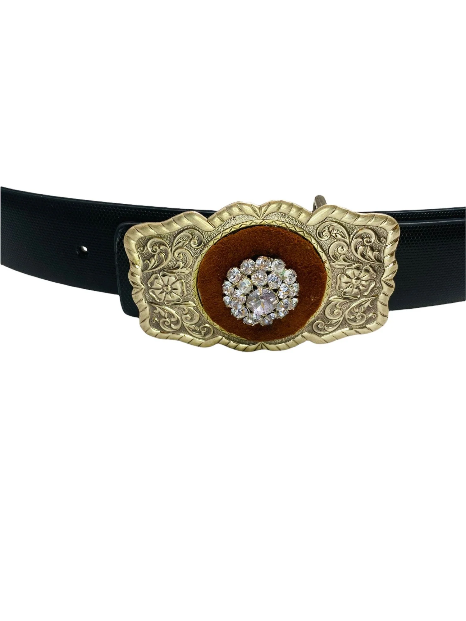 Upcycled Vintage Nickel Silver Bell Belt Buckle and Rhinestone Clip Earring On a Suede Base - Image 2