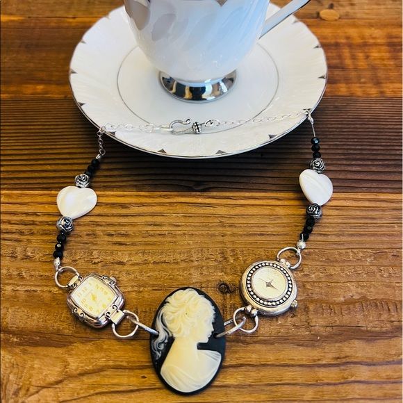 Upcycled Watch and Cameo Choker Necklace Mother of Pearl and Beaded by Geneva - Image 10