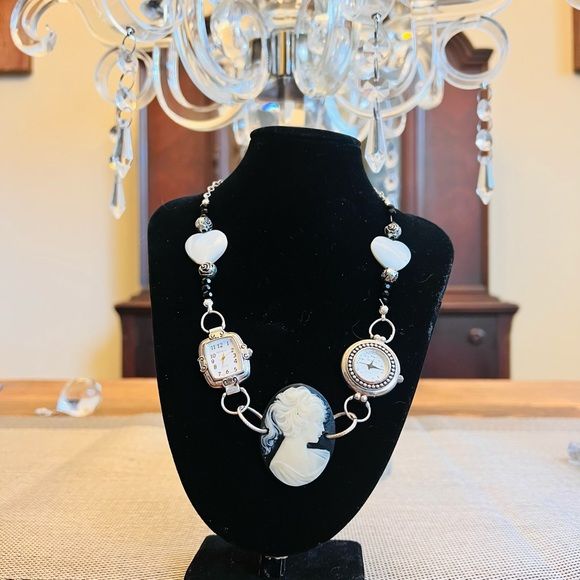 Upcycled Watch and Cameo Choker Necklace Mother of Pearl and Beaded by Geneva - Image 11