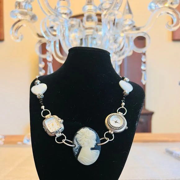 Upcycled Watch and Cameo Choker Necklace Mother of Pearl and Beaded by Geneva - Image 12