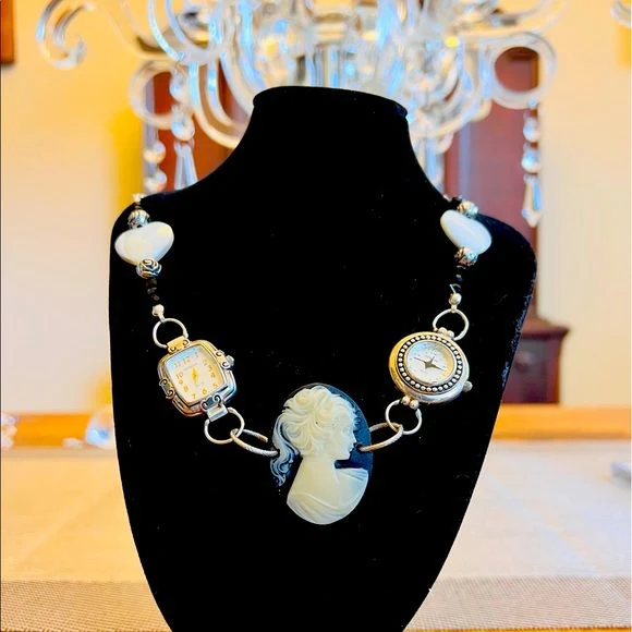Upcycled Watch and Cameo Choker Necklace Mother of Pearl and Beaded by Geneva - Image 2