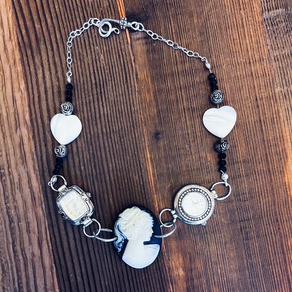 Upcycled Watch and Cameo Choker Necklace Mother of Pearl and Beaded by Geneva - Image 9