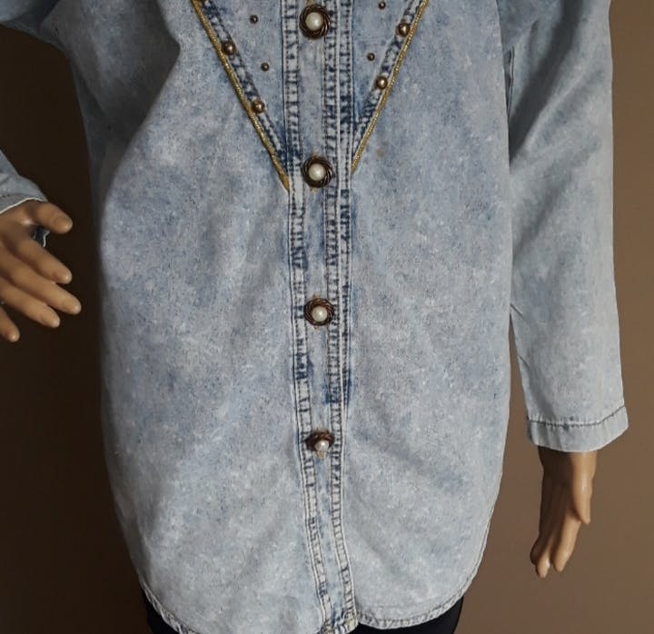 80's Acid Wash Pearl Beaded Denim Tunic Jacket by Monique Fashions - Image 4