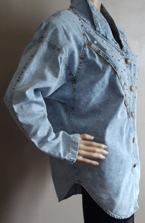 80's Acid Wash Pearl Beaded Denim Tunic Jacket by Monique Fashions - Image 6