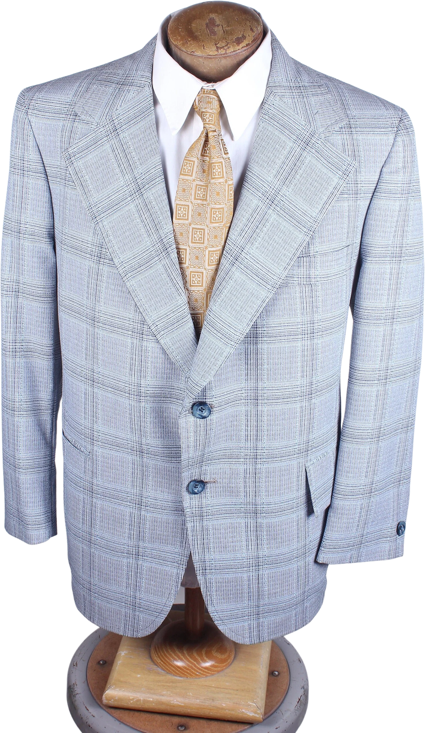 V Line Brand 60s Era Blue Plaid Check Polyester Men's Sports Coat