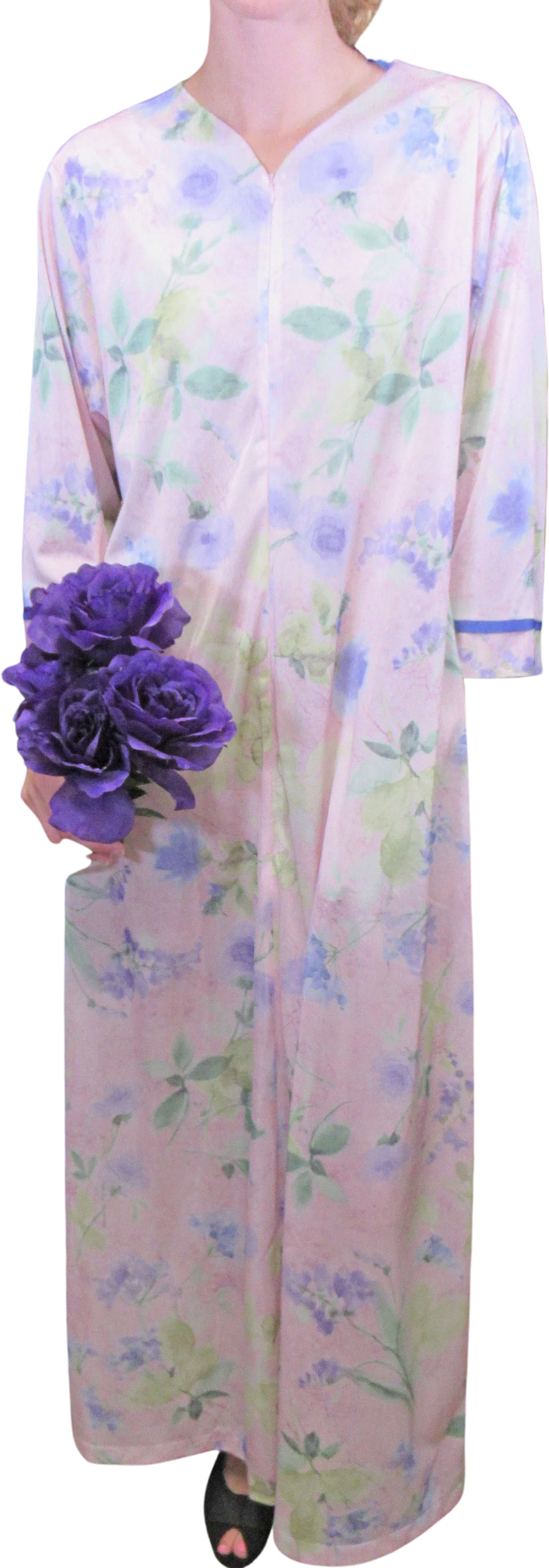 V-Neck Robe Zipper Front Shadowline Pink Nylon Sleeve 1988 Original A-Line Floral Print Vintage by Shadowline