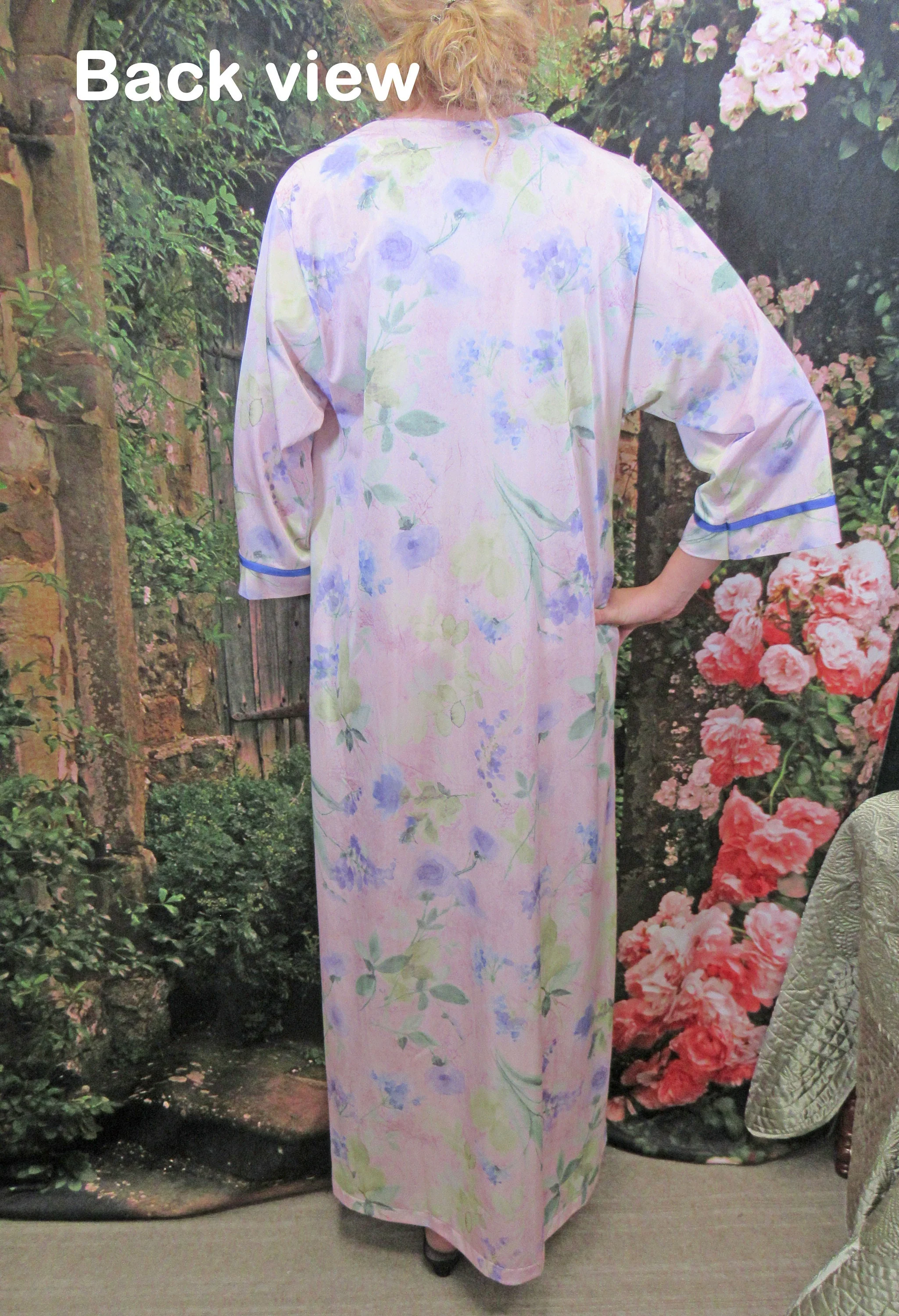 V-Neck Robe Zipper Front Shadowline Pink Nylon Sleeve 1988 Original A-Line Floral Print Vintage by Shadowline - Image 10